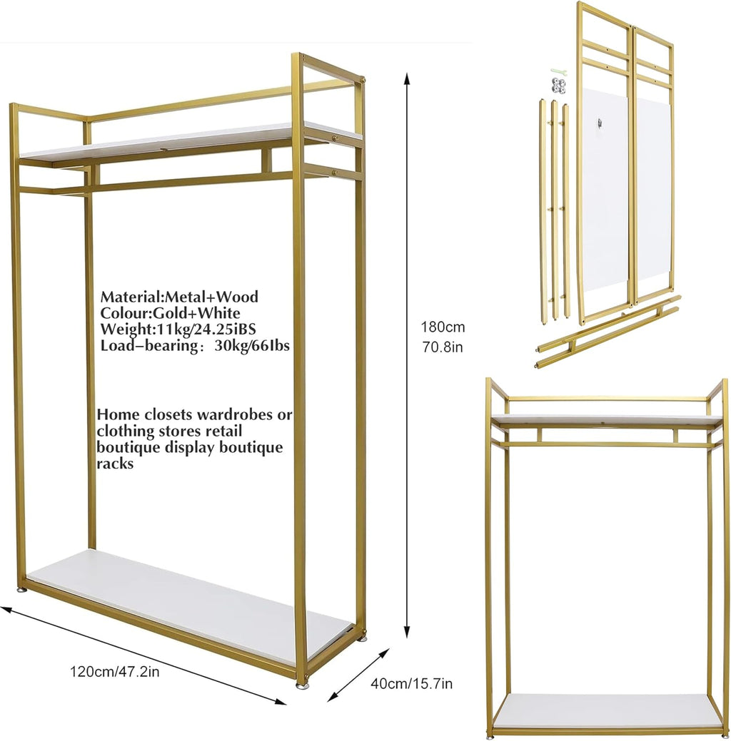 71' Tall Gold Clothing Racks Boutiques Retail Display Stand | Wedding Dress Rack Heavy Duty Garment Rack Standing Dress Racks for Hanging Long Dresses Clothes Shoes Bags Organizer