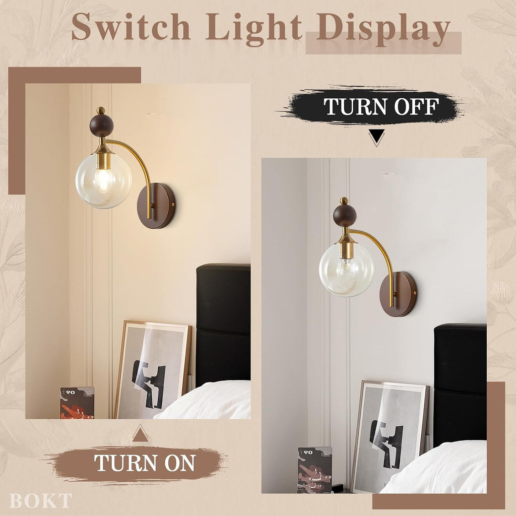 BOKT Brass Globe Gold Sconce Bedroom Wall Lamps Set of 2 Small Wall Lamp Modern Living Room Nordic Vanity Light Fixtures with Amber Glass 2-Light Bathroom Lighting Wall Sconces