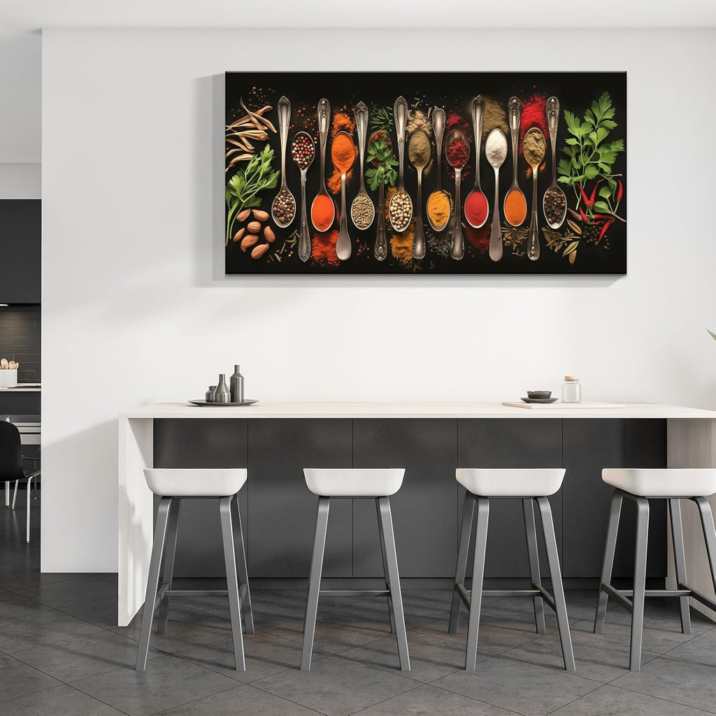 Wewejia Kitchen Pictures Wall Decor 58x28 inch, Couful Spice in Spoon Vintage Canvas Wall Art Food Photos Painting On Canvas Stretched Framed Home Decoration Gift Ready to Hang