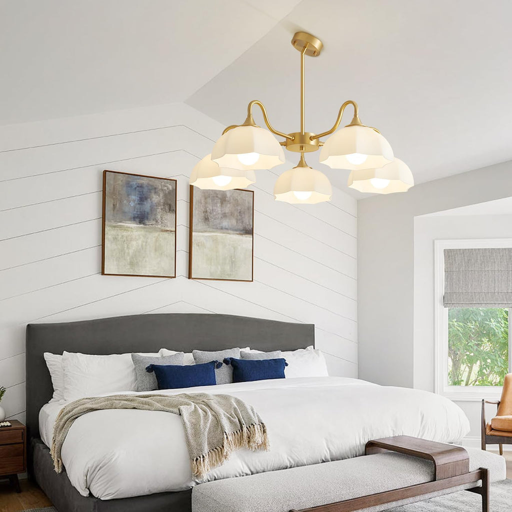 5 Light Modern Gold Chandelier Milk Glass Sputnik Pendant Light Mid Century Nordic White Ceramic Kitchen Island Hanging Lights Dining Room Lighting Fixtures Over Table Chandelier MPL13-5 GD