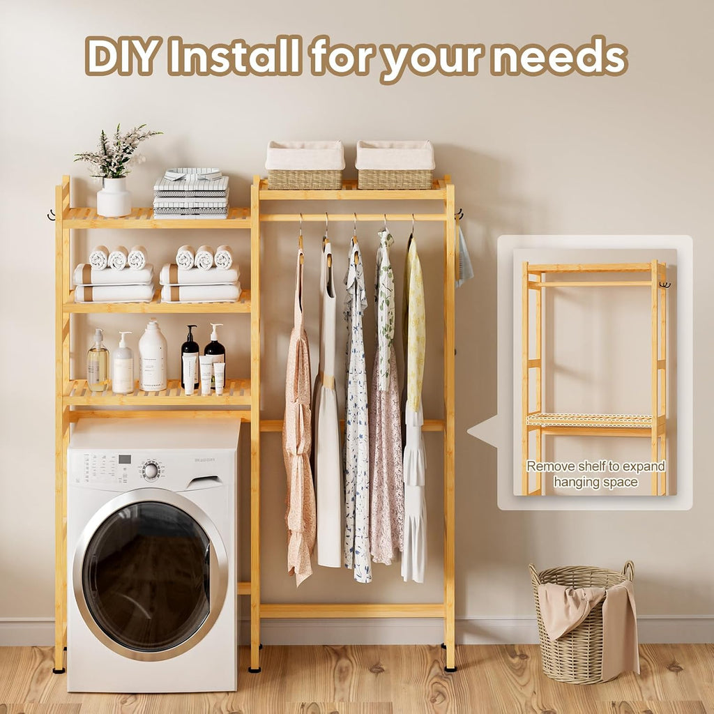 Cozivolife Over The Washer and Dryer Storage Shelf Bamboo,5 Tiers Laundry Room Drying Rack with Adjustable Shelves and 4 Hooks,Space Saver Organizer for Hanging Clothes and Towels (Natural)