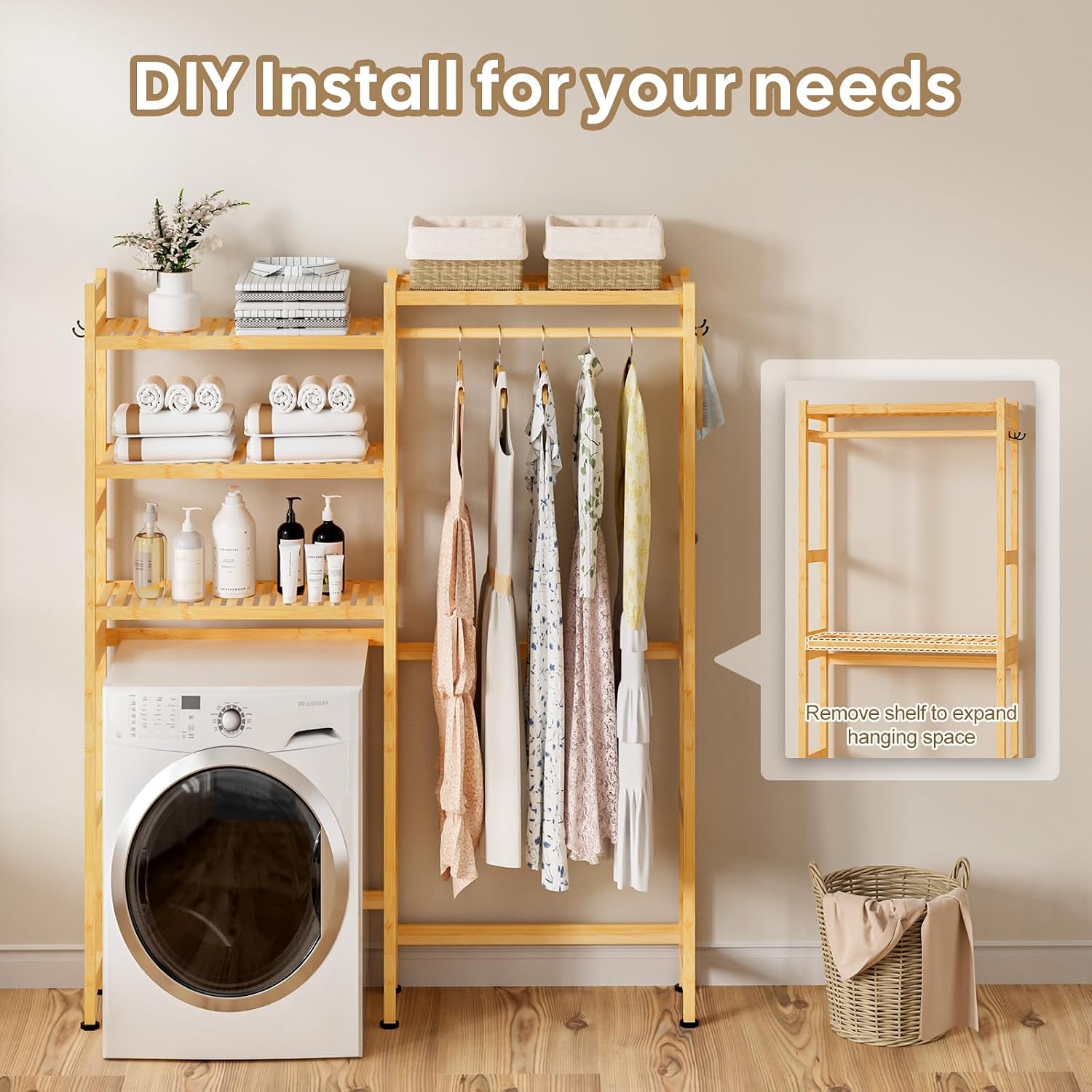 Cozivolife Over The Washer and Dryer Storage Shelf Bamboo,5 Tiers Laundry Room Drying Rack with Adjustable Shelves and 4 Hooks,Space Saver Organizer for Hanging Clothes and Towels (Natural)