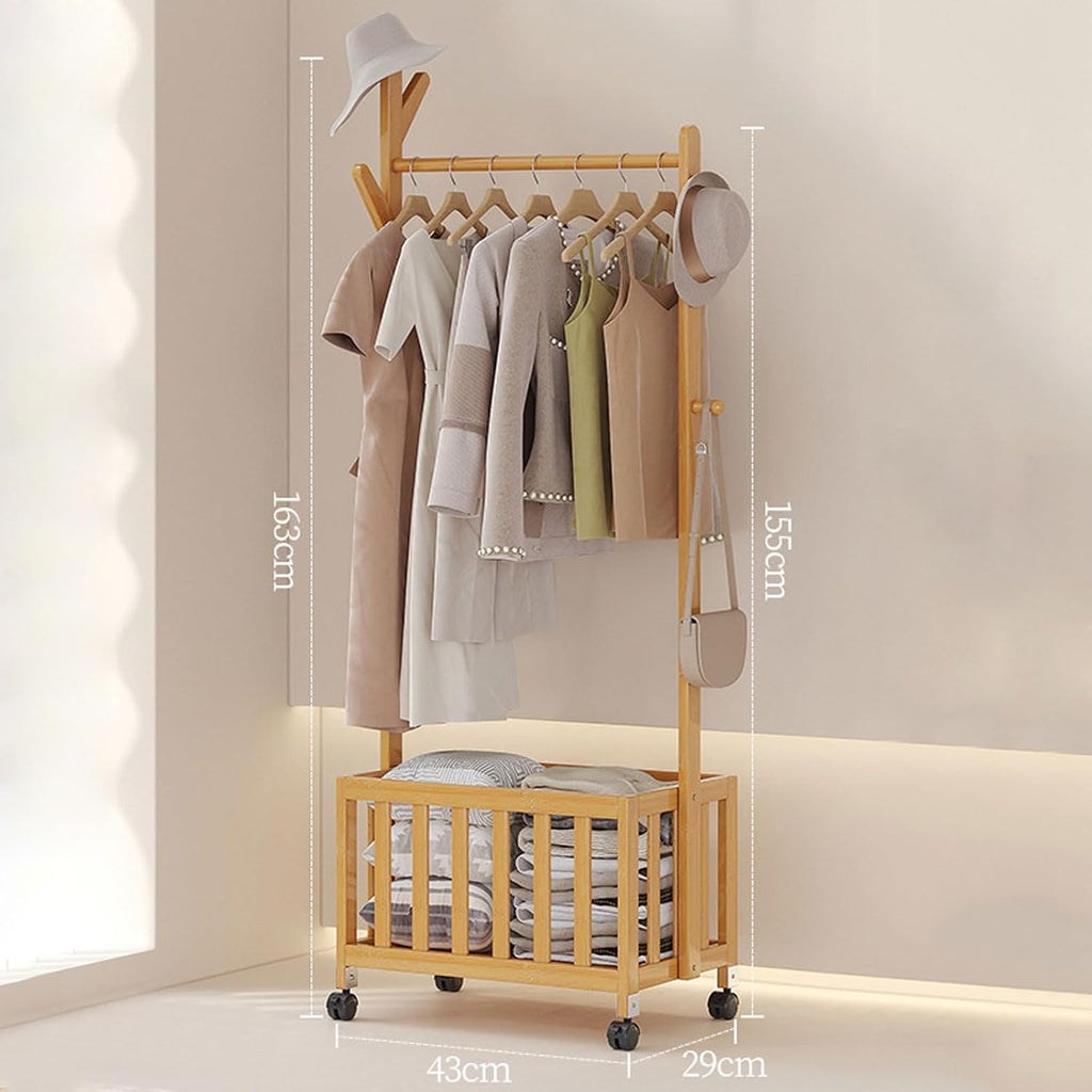 Bamboo Open Wardrobe with Hollow Storage Basket, Clothes Stand Garment Rack with Casters, Clothes Hanging Rail for Clothes Hats Bags