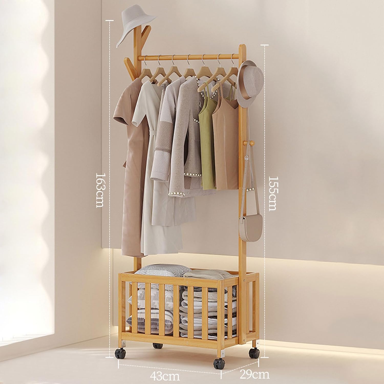 Bamboo Open Wardrobe with Hollow Storage Basket, Clothes Stand Garment Rack with Casters, Clothes Hanging Rail for Clothes Hats Bags