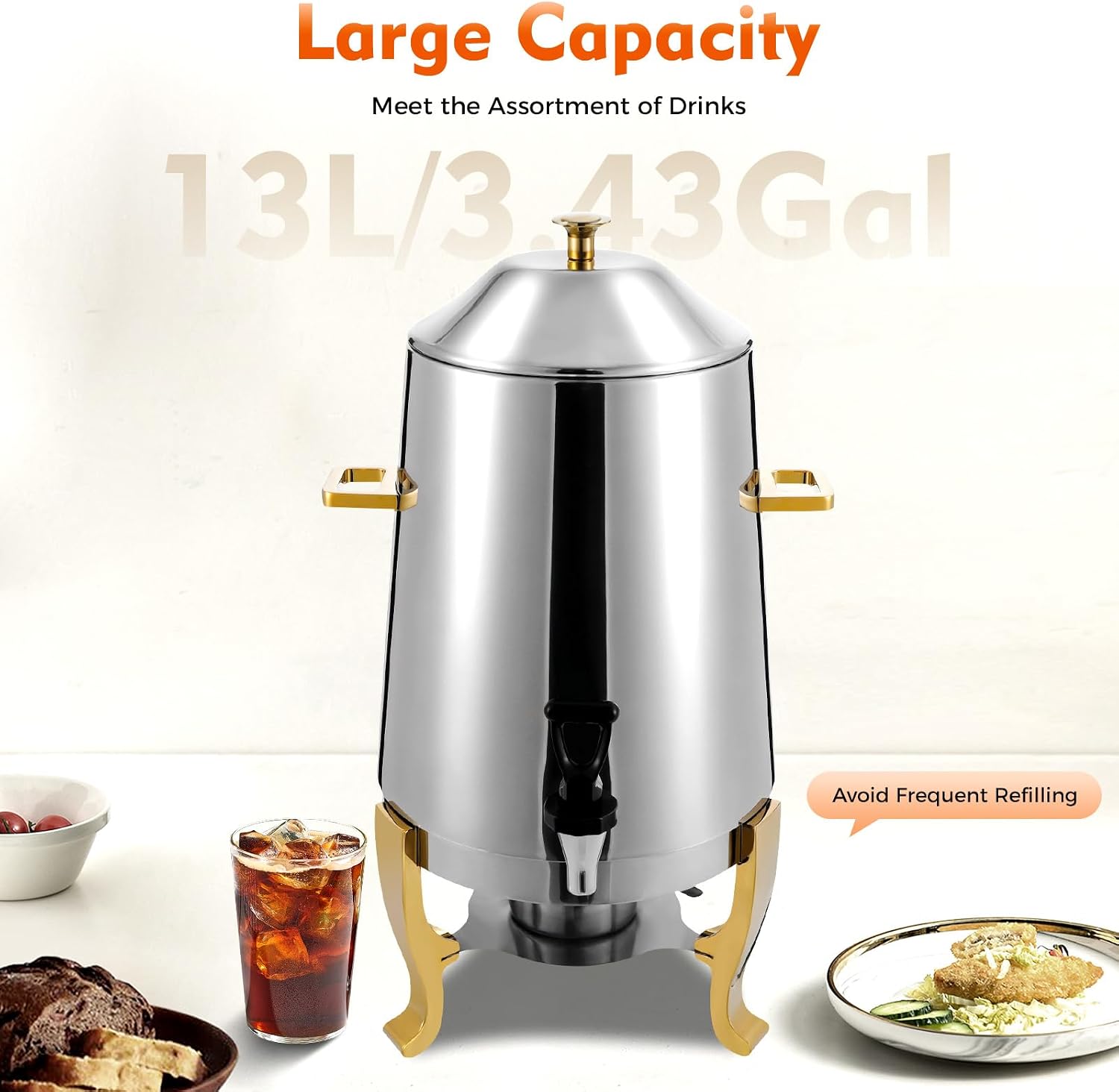 13L Coffee Urn and Hot Beverage Dispenser with Fuel Holder & Heating board, 3.4 Gallon Stainless Steel Drink Dispenser for Hot Drinks, Hot Water Urn for Catering (Silver+Gold)