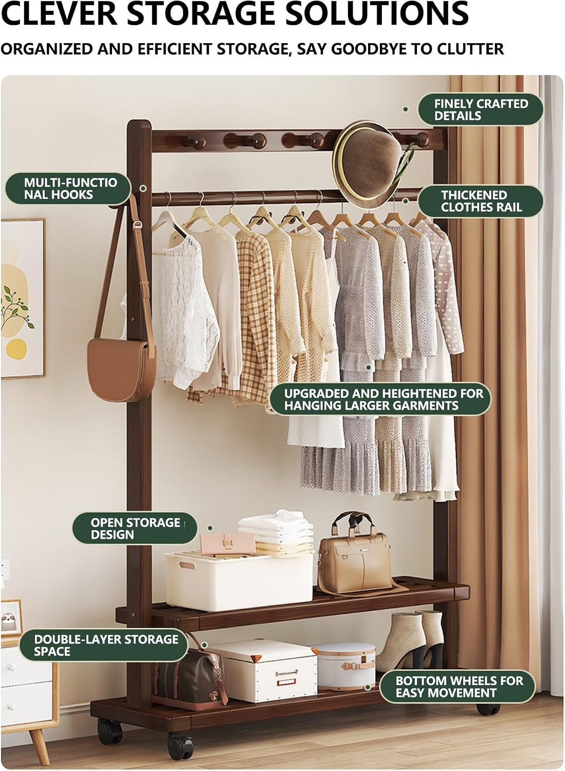 Bamboo Garment Rack with Double Shelves, Freestanding Clothes Hanging Stand for Bedroom, Heavy Duty Open Wardrobe with Side Hooks and Top Rod for Coats Dresses(Natural,W/wheels,40.6in)
