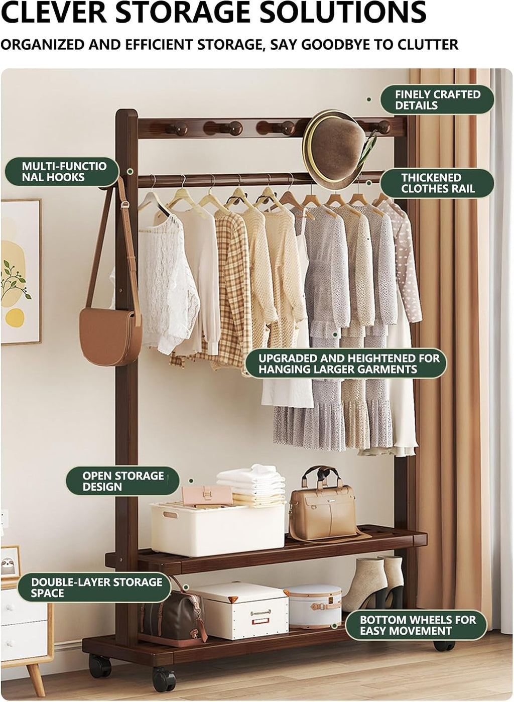 Bamboo Garment Rack with Double Shelves, Freestanding Clothes Hanging Stand for Bedroom, Heavy Duty Open Wardrobe with Side Hooks and Top Rod for Coats Dresses(Walnut,W/o wheels,32.7in)