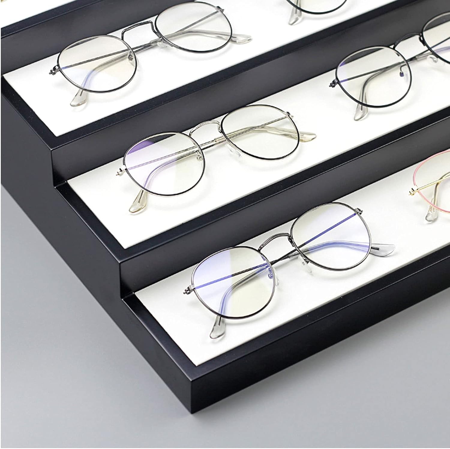 Eyeglass Displays 4 Tier Wood Sunglasses Organizer Paint Eyeglasses Display Holder Eyewear Storage Tray Box for 8 Pair Glasses Tabletop Holder Stand Display Risers