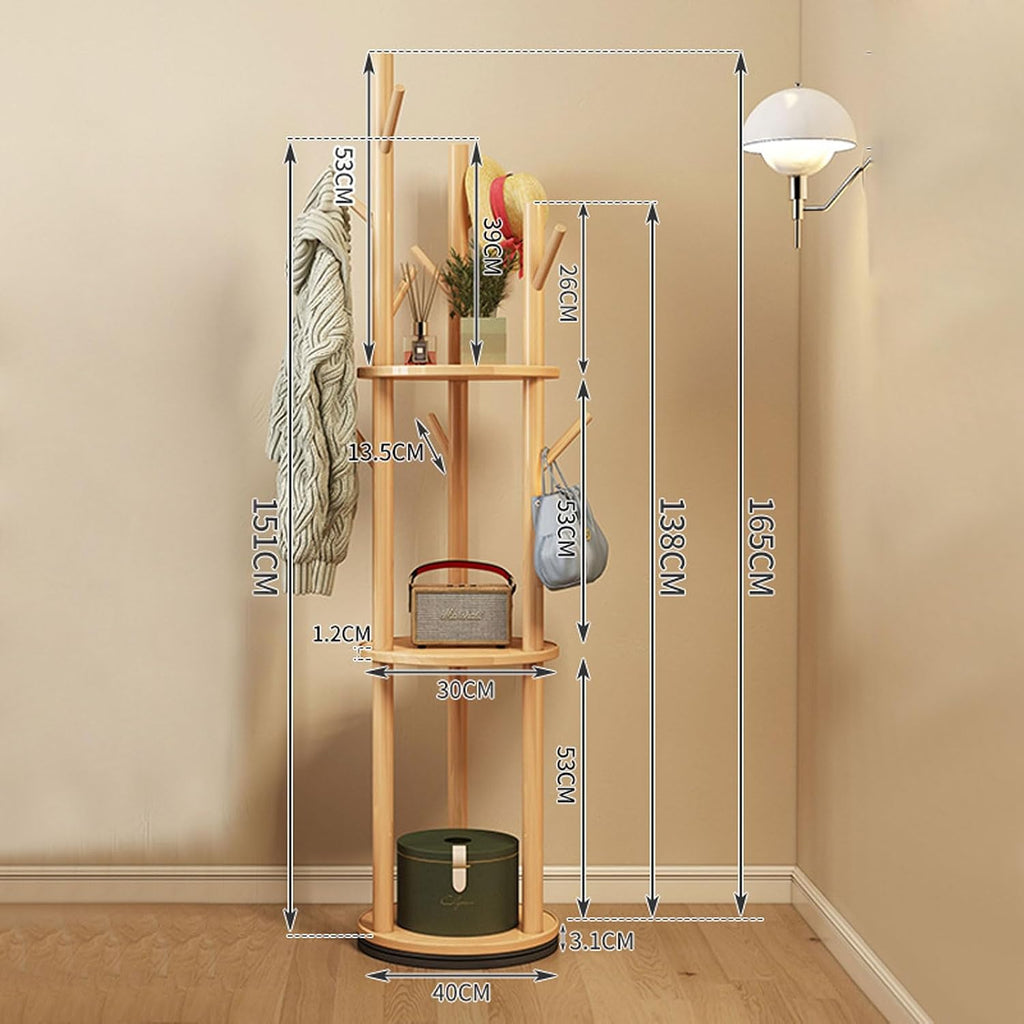 Bamboo Clothing Rack Corner Coat Rack with Hanger Hooks and 3-Tier Storage Shelves, Stand Hall Trees Free Standing Clothes Hanging Rail Garment Rack for Entryway Bedroom Living Room