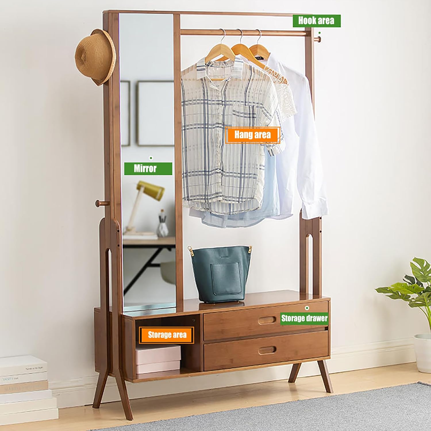 Bamboo Garment Rack Freestanding Closet Rack W/Mirror Drawer &Hooks, Freestanding Closet Organizer Clothing Rack, Coat Rack Wardrobe Closet for Bedroom, Living Room