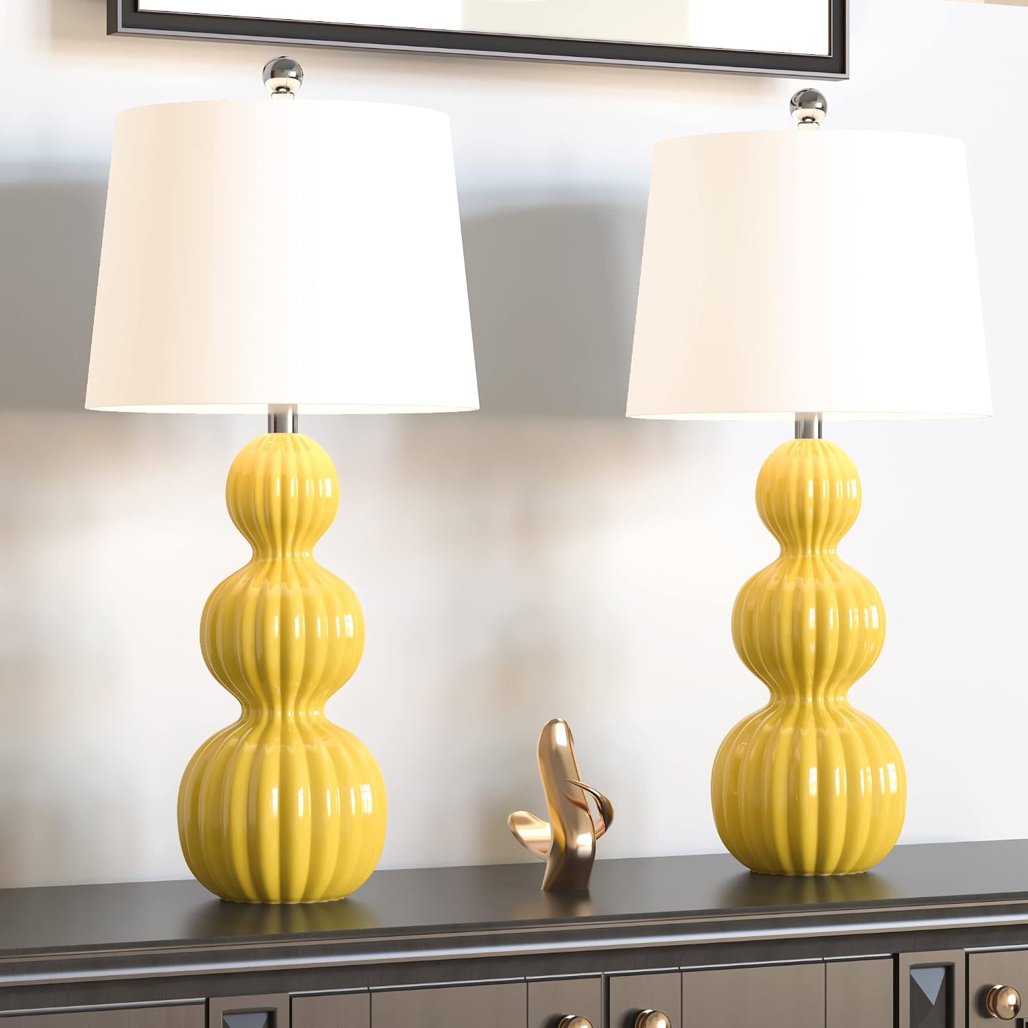 Maxax 28' Ceramic Table Lamps Set of 2, Modern Triple Gourd Bedside Lamps for Bedroom, 3-Way Dimmable Large Yellow Nightstand Lamp with White Drum Shade for Living Room, Office