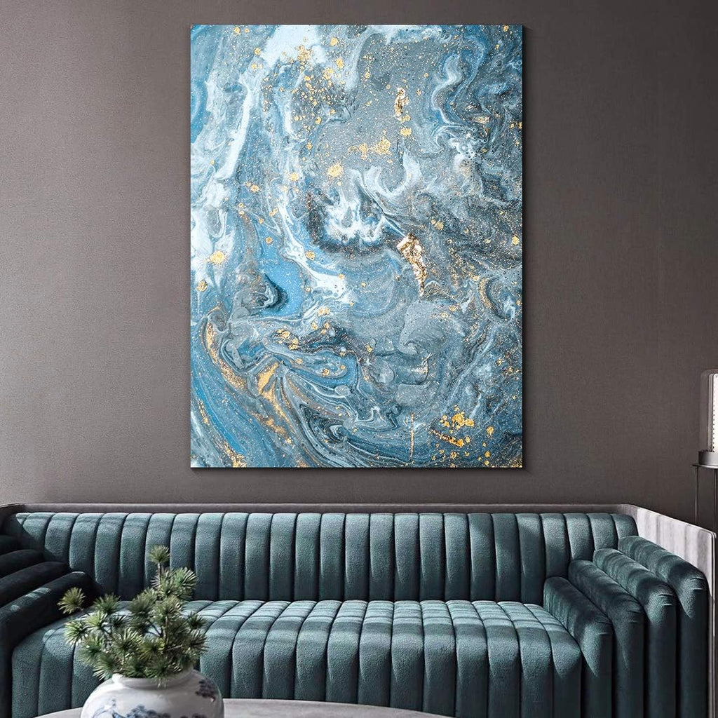 Denzoer Blue Grey Texture and Gold Abstract Wall Art Modern Canvas Prints with Solid Wood Frame Wall Pictures for Home Decoration, Ready to Hang - 36x46 inches