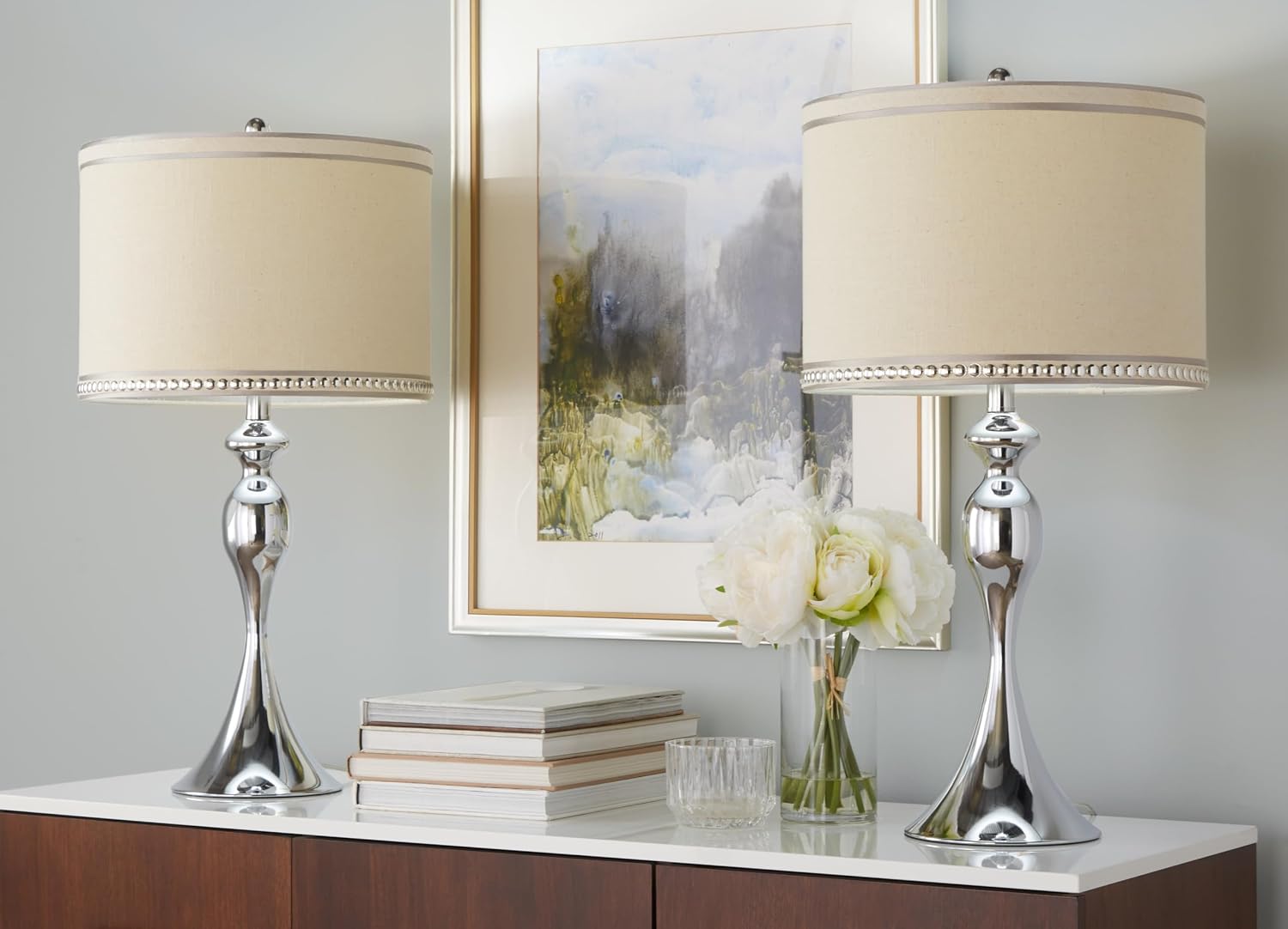 Ashland 27' Metal Table Lamps Set of 2, Desk Lamp, Bedside Lamps for Night Stands, Nightstand Lamp, Small Lamp, Small Table Lamps for Living Room Set of 2 (Polished Chrome, Cream Linen)