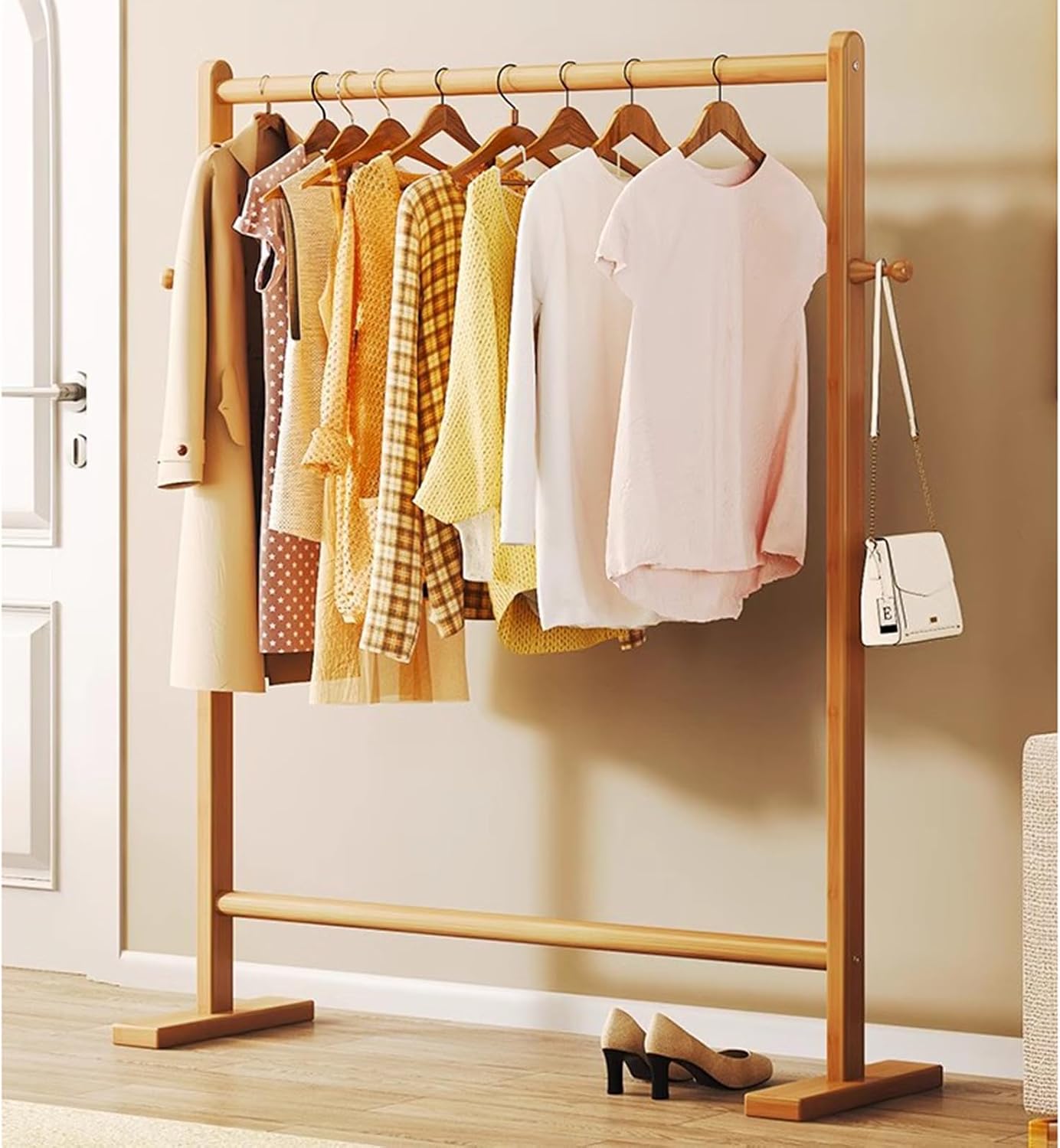 Garment Rack Bamboo Clothing Rack For Hanging Clothes, Modern Simple Clothes Hanging Stand With 2 Hooks, Large Capacity Clothes Rail, Freestanding Coat Rack For Bedr(Size:80X40X162CM,Color:Wood color)