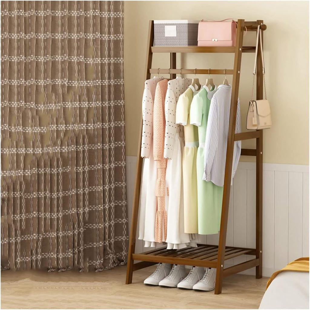 Bamboo Clothes Hanging Rack with 2 Tier Storashelves Portable Organizer Garment Rack for Corridor Bedroom Retail Store/Brown/50 * 42 * 140Cm