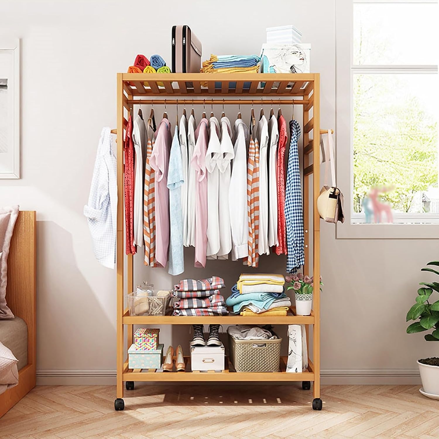 Versatile Mobile Garment Rack - Bamboo Freestanding Clothes Organizer for Hanging, Wardrobe Storage Closet with Wheel Perfect,with 4 Hooks/1 Top Rod & 3 Shelves,100 * 42 * 168CM
