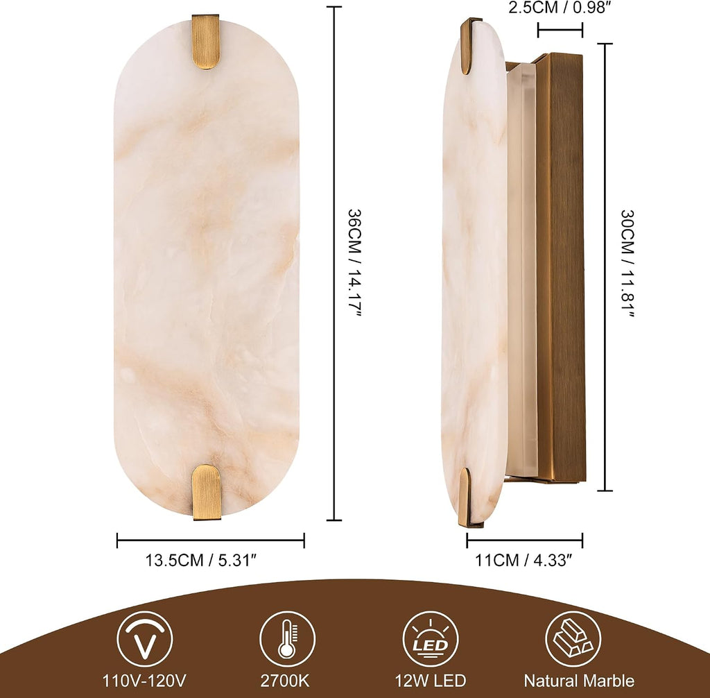 ZEROUNO Alabaster Wall Sconces, 14.2 inch Wall Sconce, Natural Marble Wall Sconces Wall Lighting Set of Two, Dimmable Light Fixtures for Bedroom Living Room Stairs Vanity Hallway Bedside