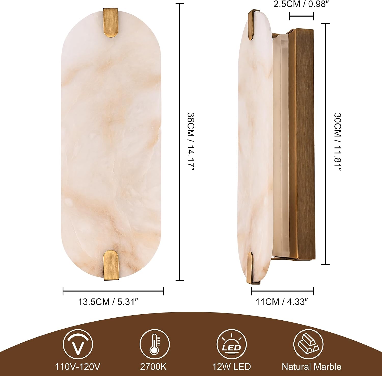 ZEROUNO Alabaster Wall Sconces, 14.2 inch Wall Sconce, Natural Marble Wall Sconces Wall Lighting Set of Two, Dimmable Light Fixtures for Bedroom Living Room Stairs Vanity Hallway Bedside