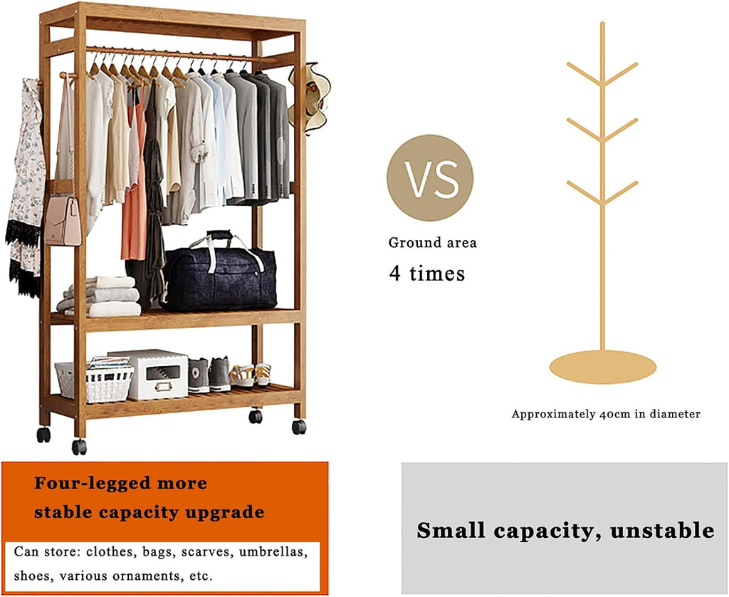 Bamboo Garment Coat Clothes Hanging Heavy Duty Rack with top Shelf and Shoe Clothing Storage Organizer Shelves,with Wheels, for Home Bedroom Entryway
