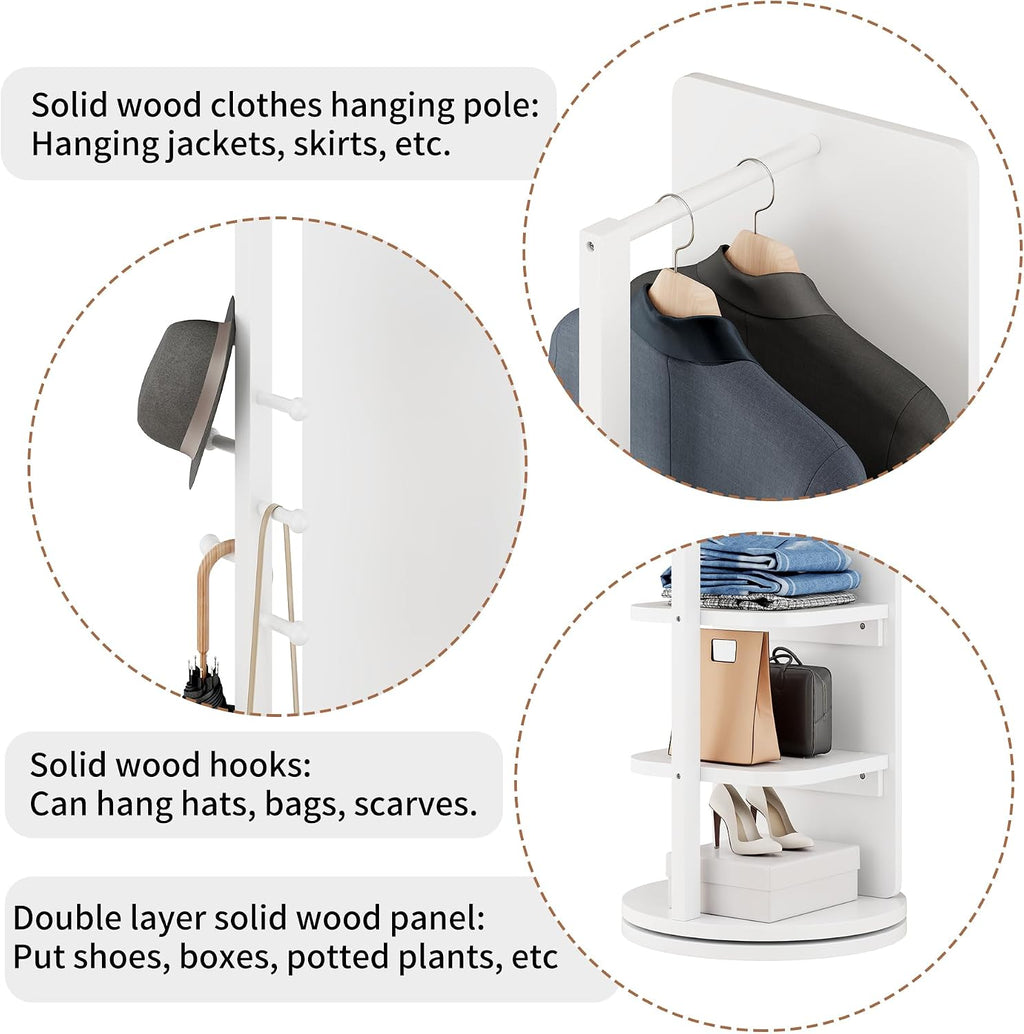 CHANCEE 360° Rotating Mirror Coat Rack, Solid Wood Standing Mirror with Storage Hooks and Shelves, Space-Saving Multifunctional Organizer for Bedroom, Living Room, or Cloakroom (White)