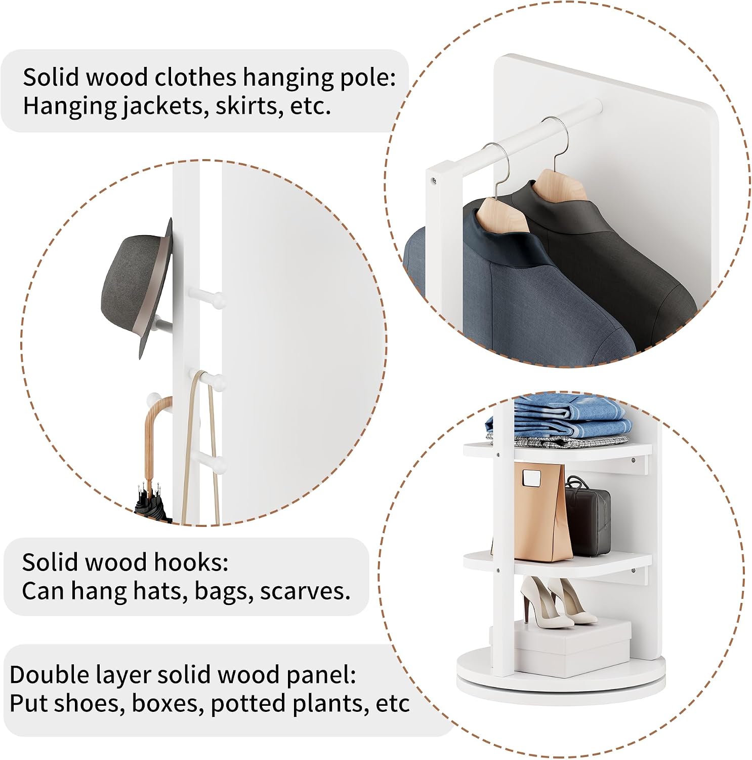 CHANCEE 360° Rotating Full-Length Mirror with Storage, 69'x16' Solid Wood Freestanding Coat Rack with Hooks, Space-Saving for Bedroom, Living Room, Cloakroom (White)