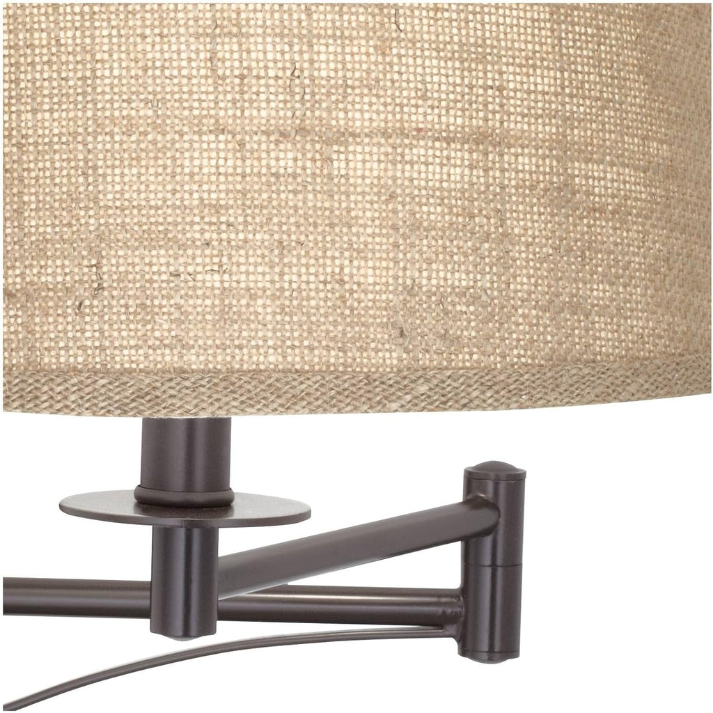 Franklin Iron Works Brinly Farmhouse Rustic Swing Arm Wall Lamps Set of 2 Matte Brown Metal Plug-in 12' Fixture Burlap Hardback Drum Shade for Bedroom Bedside Living Room Hallway Reading