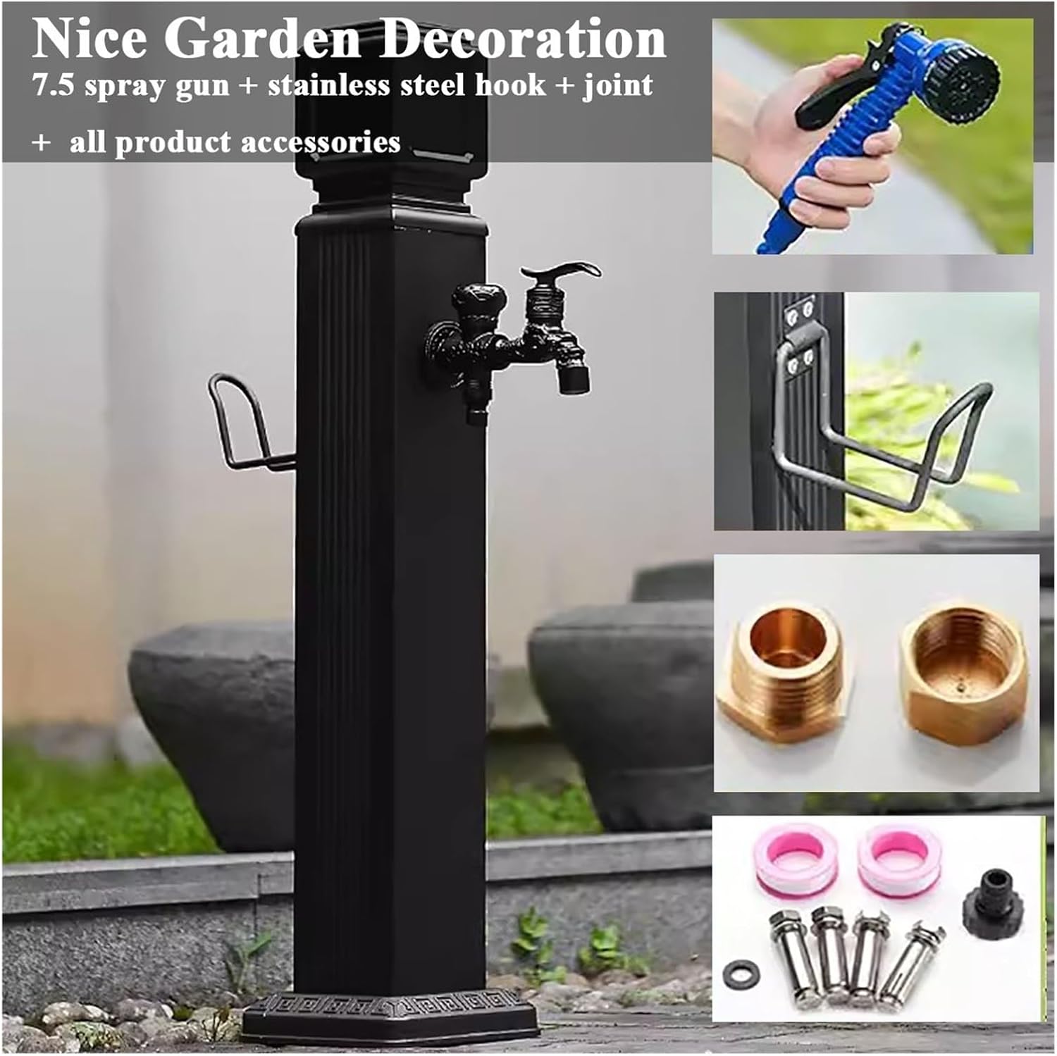 Floor Mounted Faucet Outdoor Water Pipe Vertical Fountain Irrigation Column,Freestanding Outdoor Garden Water Fountain Tap, Stainless Steel Hose Stand with Copper Faucet, Vertical Hydrant Po