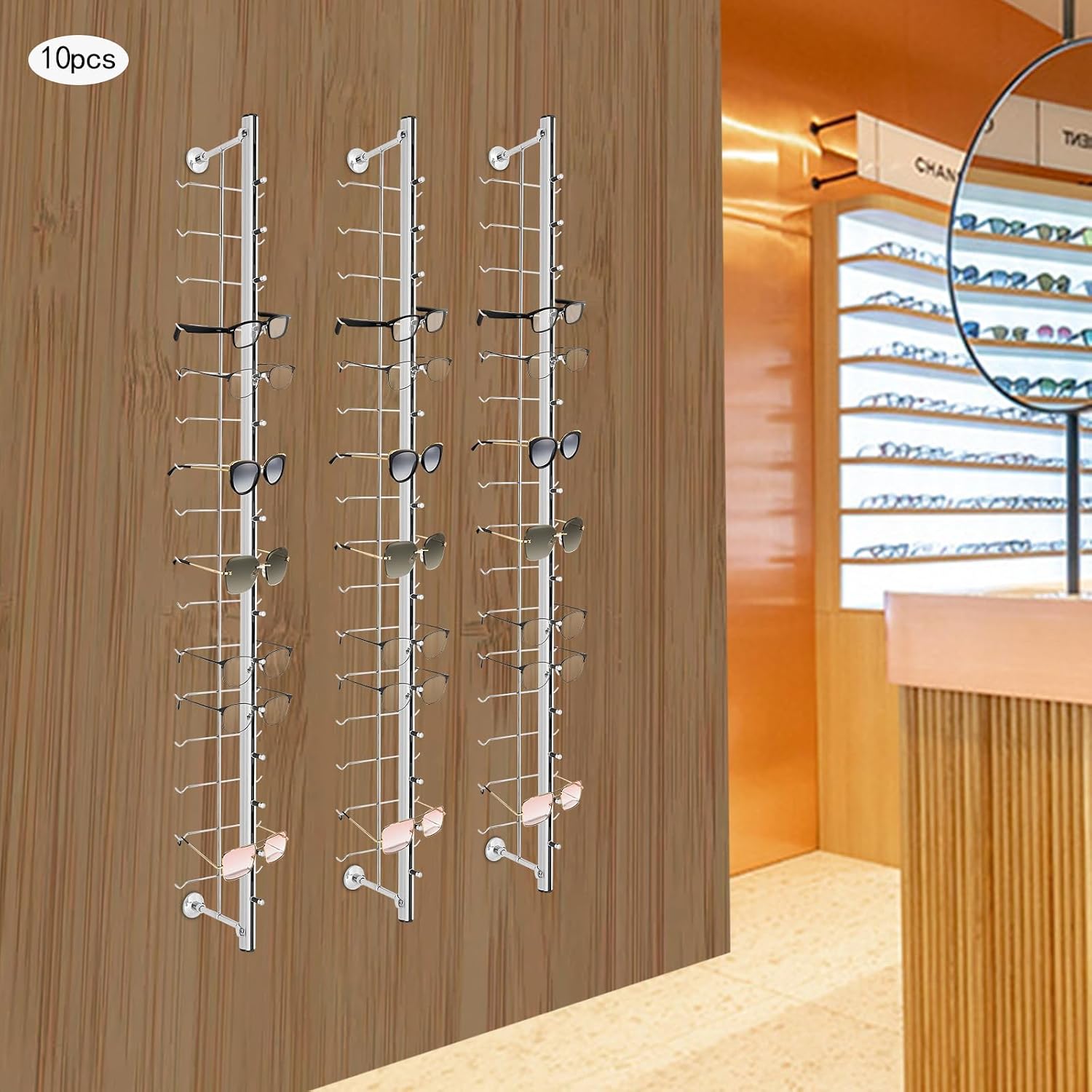 10Pcs of Set Wall Mounted Sunglasses Display Rack Aluminum Alloy Eyeglasses Sunglasses Storage Display Stand Holder Organizer