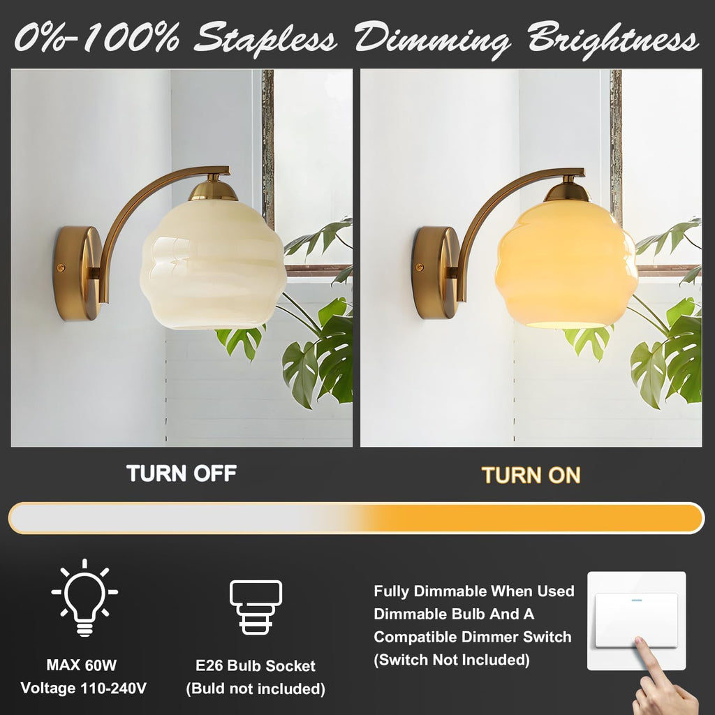 Vintage Brass Wall Sconces Set of Two Modern Brushed Gold Wall Light Fixtures Bathroom Vanity Sconce Lights with Yellow Glass Shade Wall Lamp for Living Room Bedroom Hallway MCL13GD-2 (2 Pack)