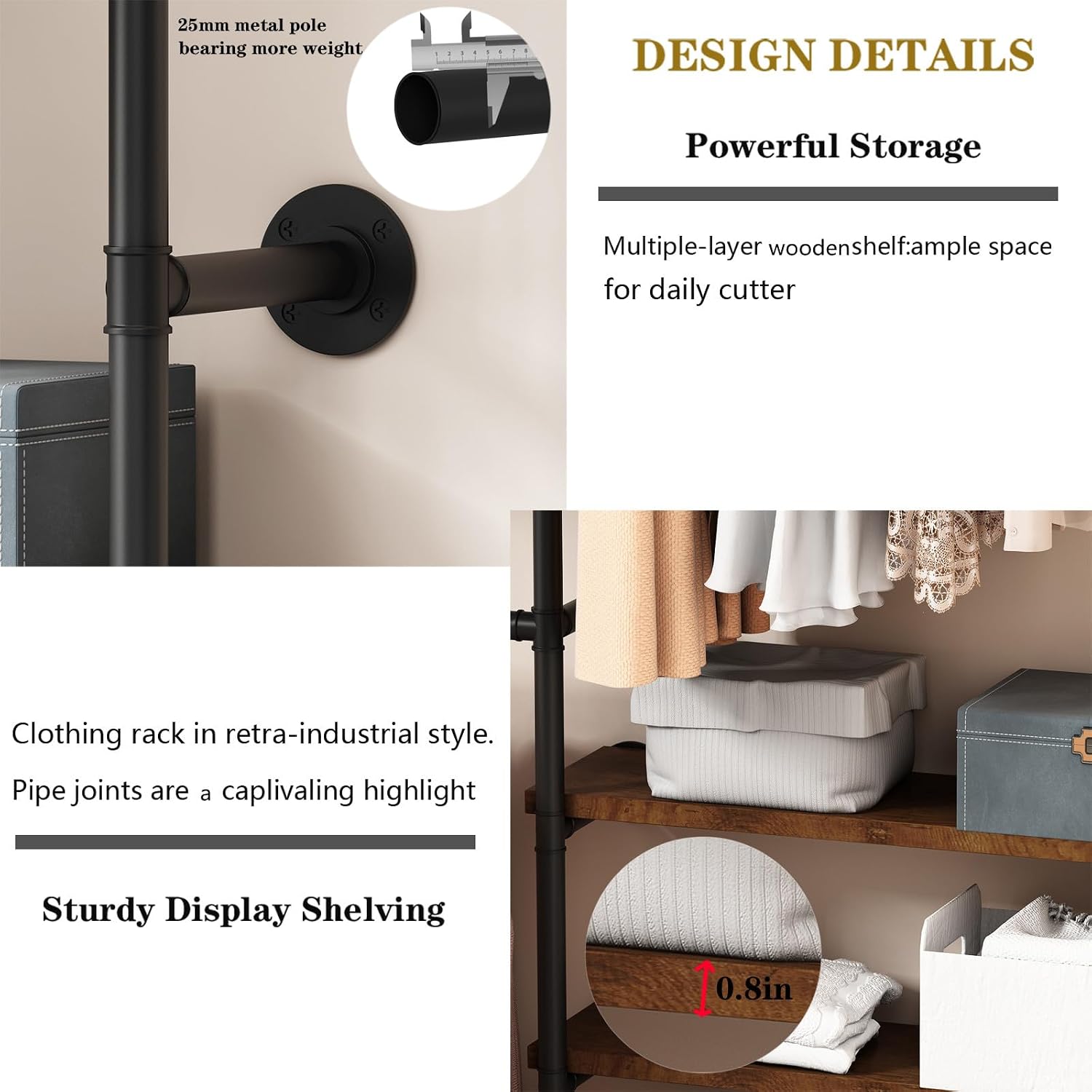 Industrial Pipe Clothes Rack, Wall Mounted Clothing Rack with Shelves, Heavy Duty Closet Organizers Wardrobe Multi-Purpose Storage Clothes Hanging Shelf-70.8''L Black