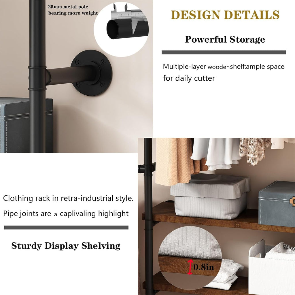 HOMEKAYT Industrial Pipe Clothes Rack,Wall Mounted Clothing Rack with Shelves, Heavy Duty Multi-Purpose Storage Clothes Hanging Shelf - 94.5''L Black