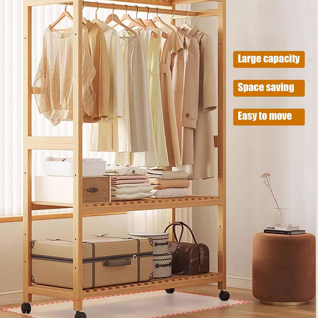 Rolling Clothes Stand, Bamboo Garment Rack Open Wardrobe with 3-tier Storage Shelves, Clothes Hanging Tidy Rail, Shoe Rack, Standing Coat Rack for Clothes Hats Bags