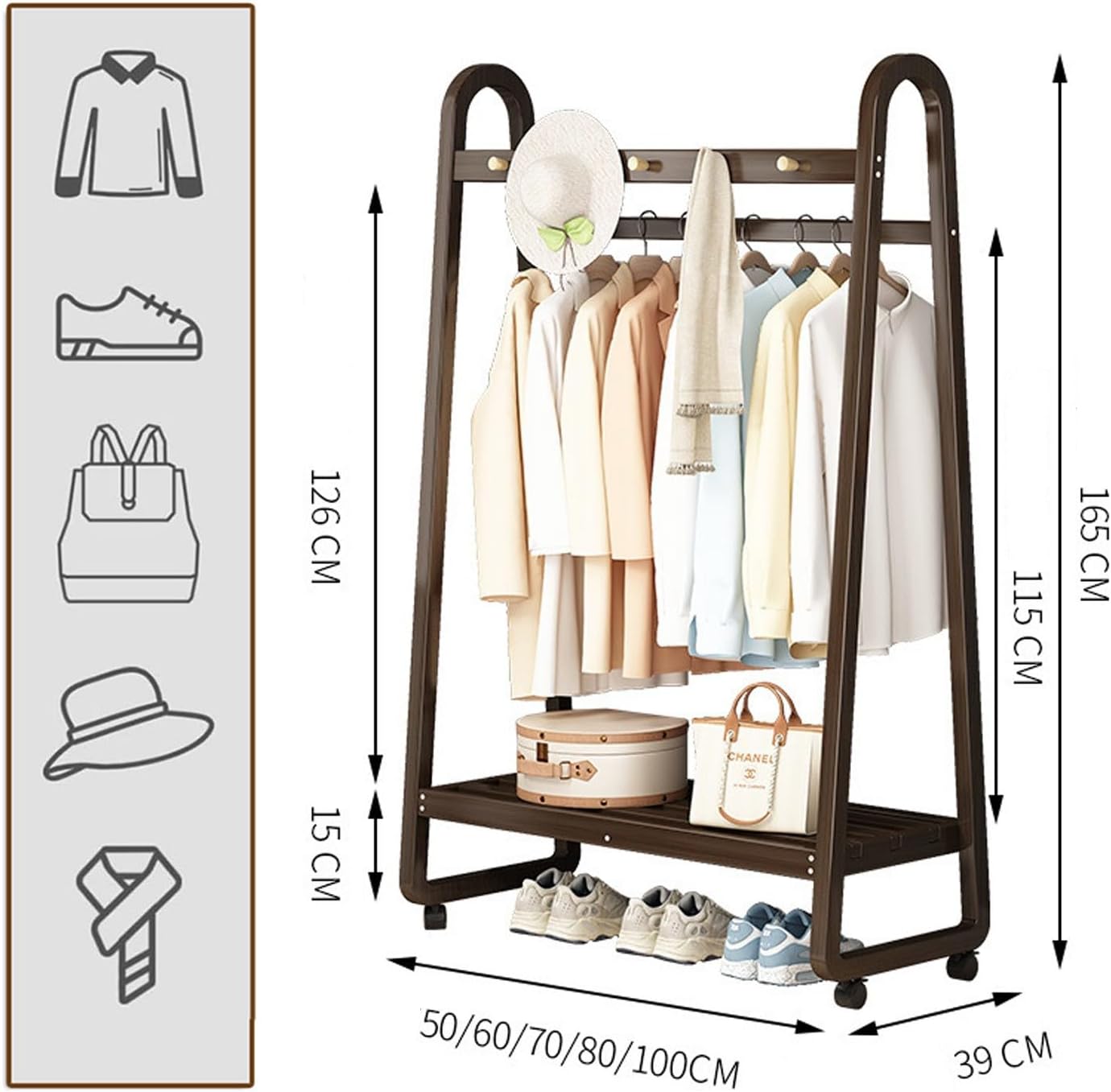 Multifunctional Bamboo Clothes Rack on Wheels with 3 5 Hooks & Shoe Storage Shelf Portable Garment Hanging Stand for Bedroom & Living Room Walnut 60CM