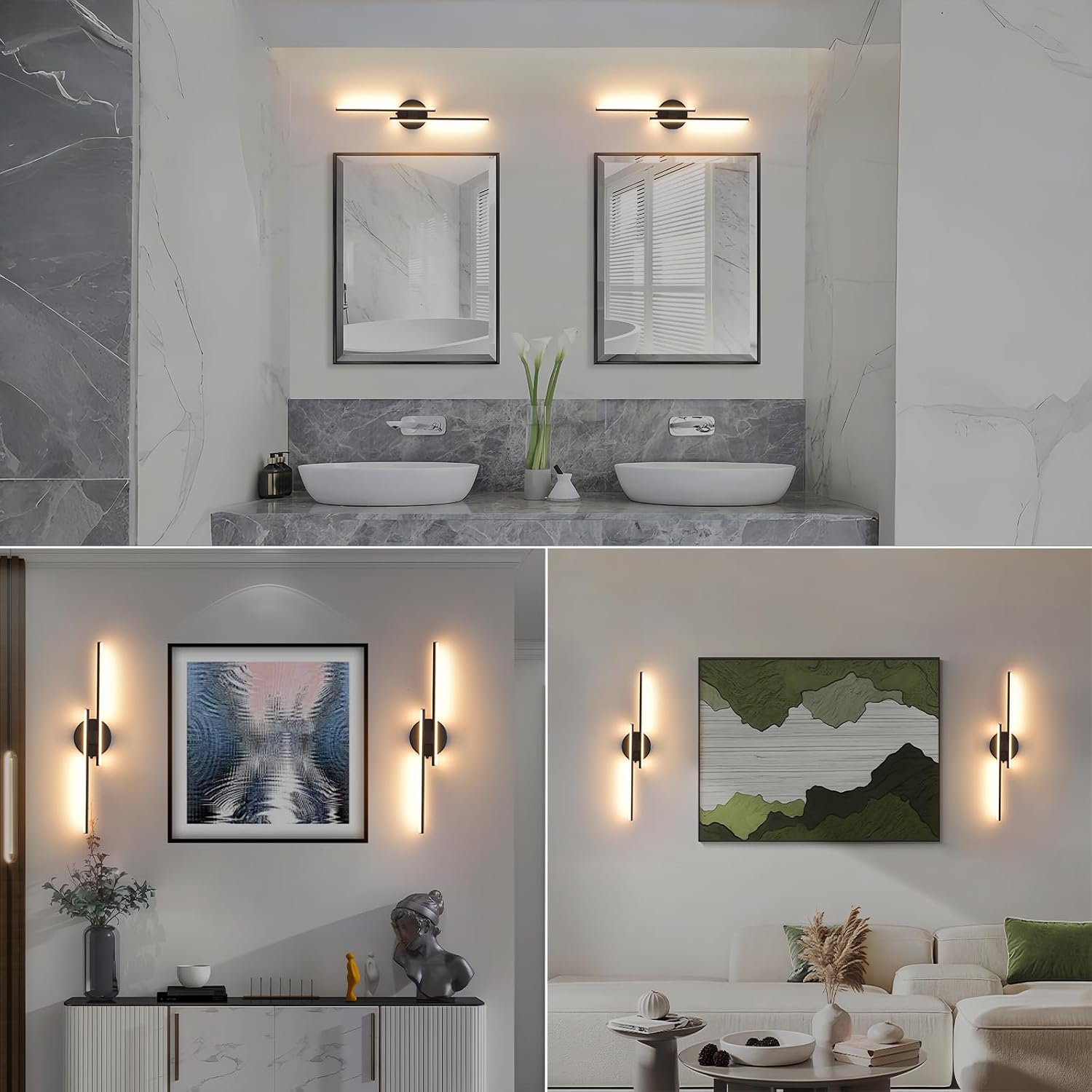 Rechargeable Battery Operated Wall Sconce Set Of Two, Black Wireless LED Wall Sconces With Remote Control, Dimmable 3 Colors Cordless wall lights for Living Room, bedroom, Hallway, 23.6 Inch ( 2pcs)