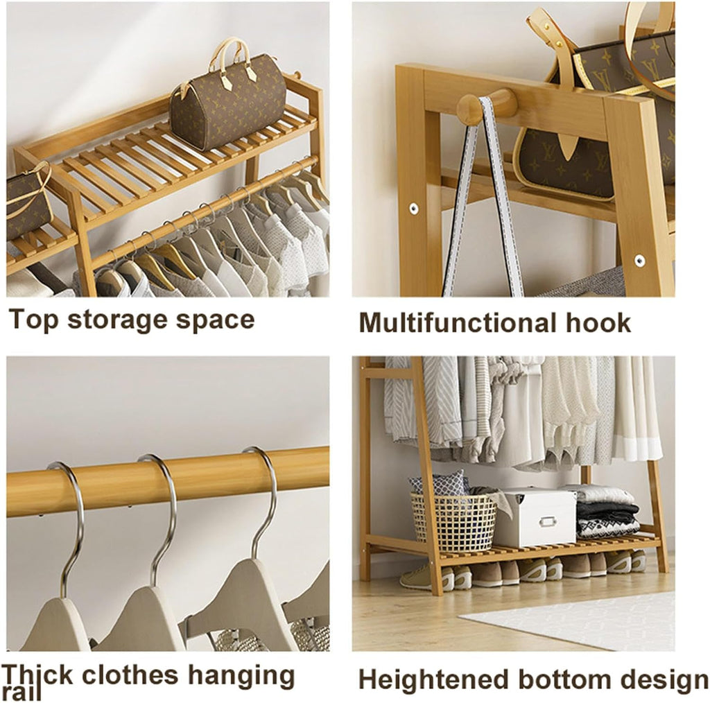 Freestanding Clothing Racks for Hanging Clothes,Bamboo Garment Rack 5 Tier Storage Shelf with Top Shelf, Closet Organizer Shoe Storage Shelves for Bedroom,A-110cm