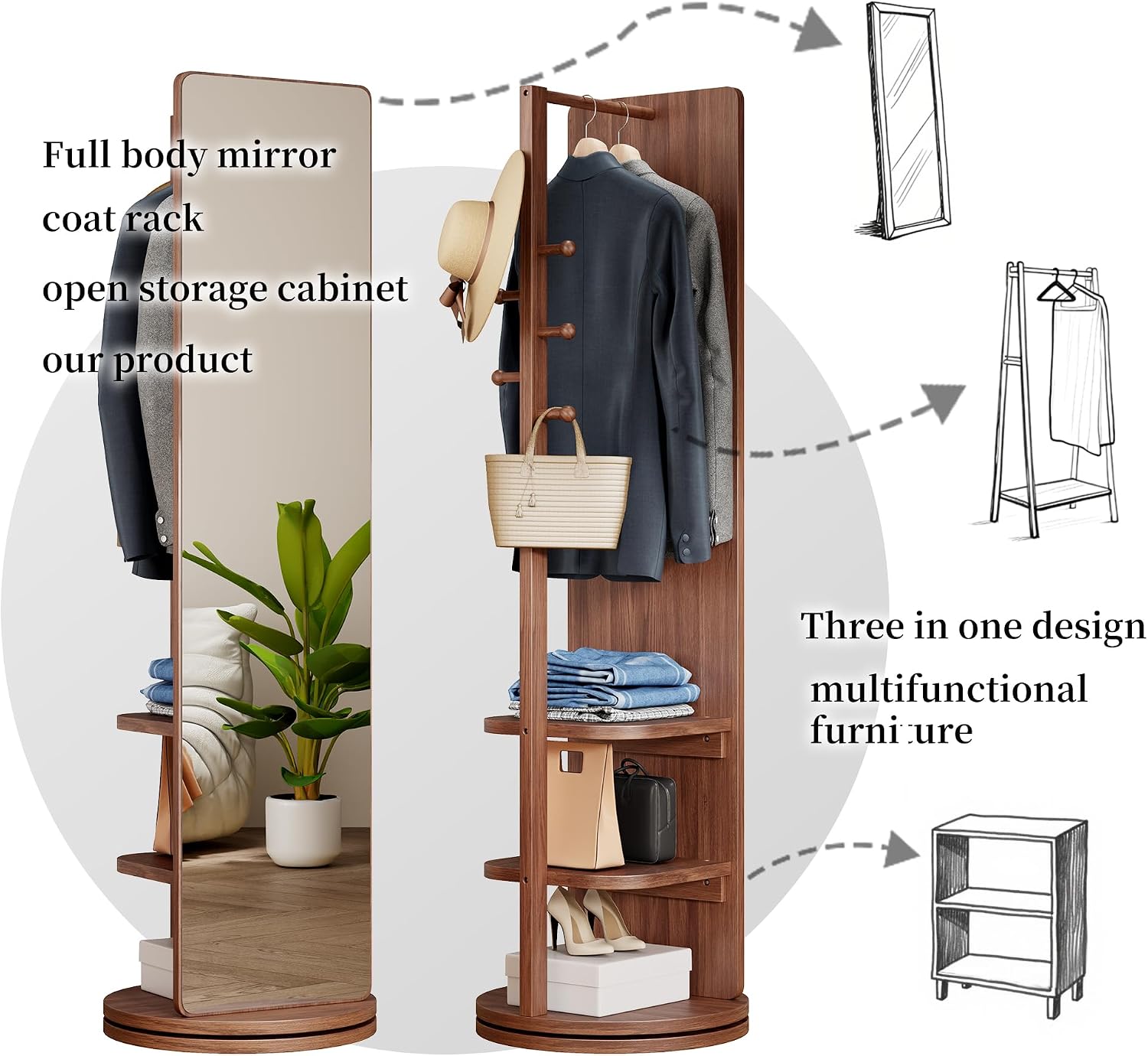 CHANCEE 360° Rotating Mirror Coat Rack, Solid Wood Standing Mirror with Storage Hooks and Shelves, Space-Saving Multifunctional Organizer for Bedroom, Living Room, or Cloakroom (Walnut)