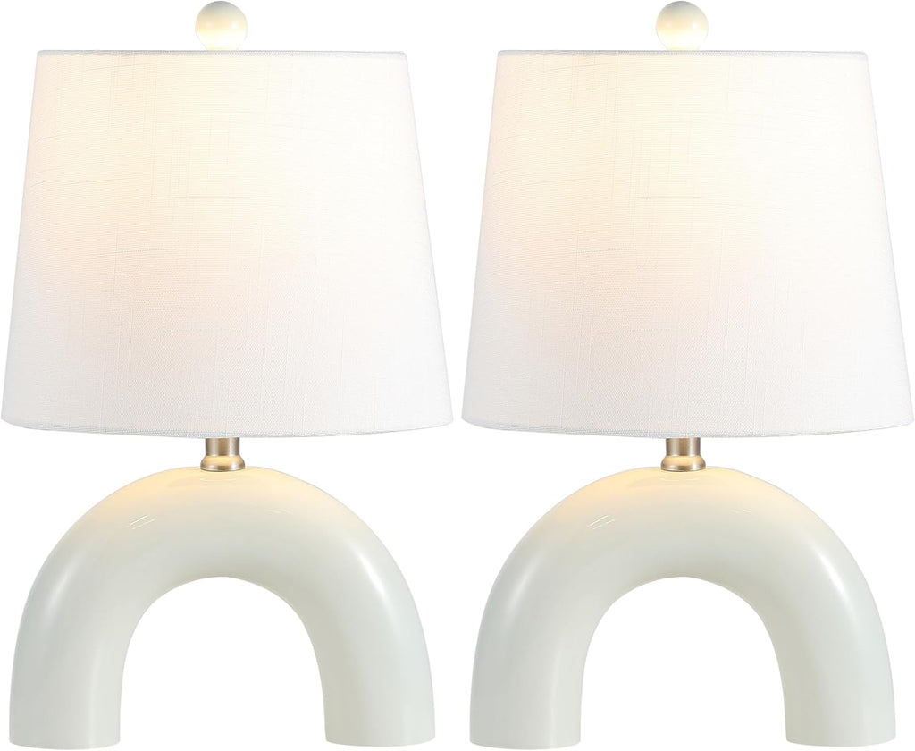 JONATHAN Y 17.75' Blue Gray Modern Ceramic Arch Table Lamp Set of 2 for Bedroom, Scandinavian Minimalist Bedside Lamps with White Linen Shade, LED Bulbs Included (JYL5503B-SET2)