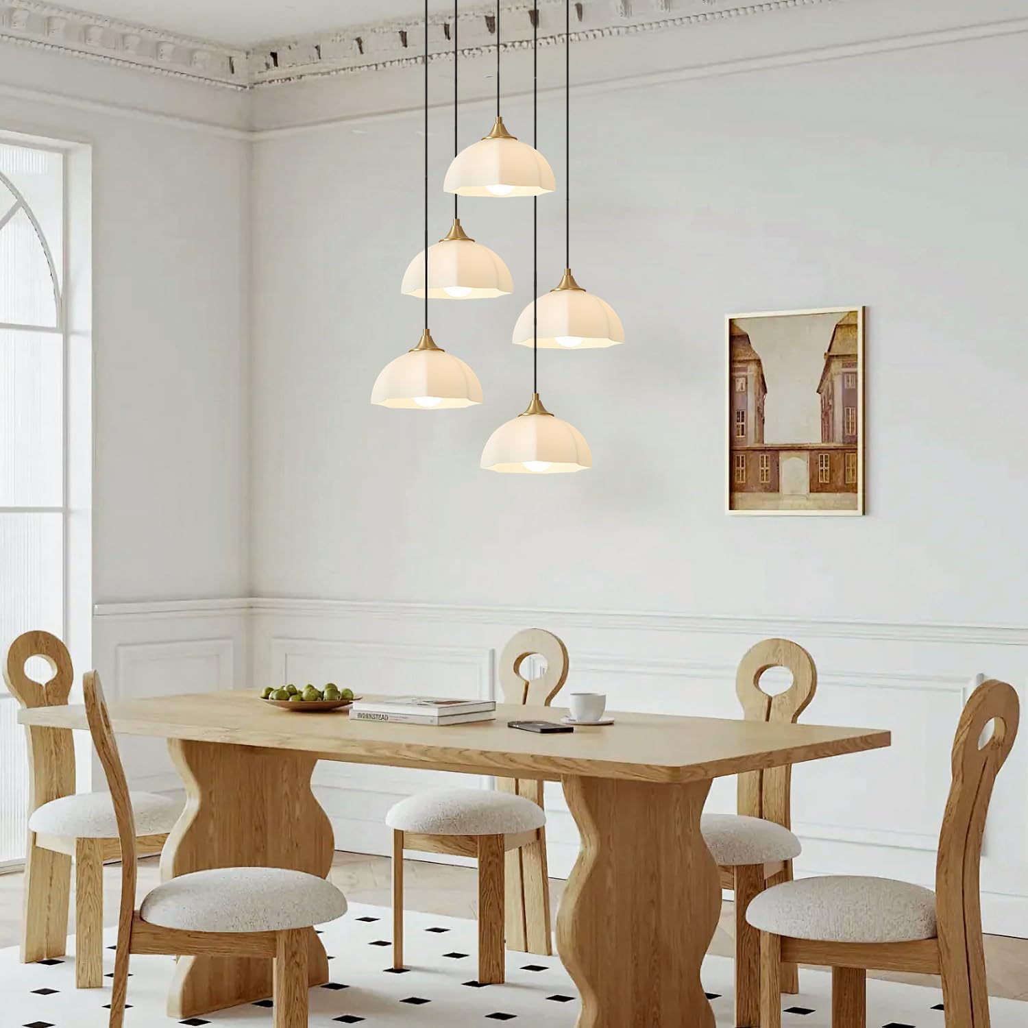 Modern 5 Light Brushed Gold Pendant Lighting Mid Century Milk Glass Cluster Pendant Lights Kitchen Island Adjustable Brass Hanging Chandelier Vintage White Ceramic Light Fixture MPL17-5R GD