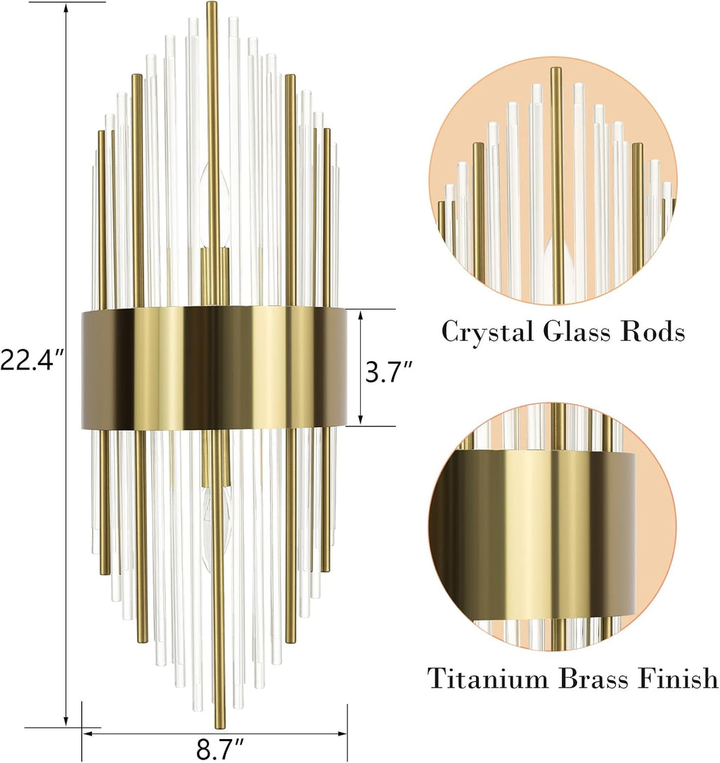 Modern Gold Wall Sconces Set of Two Crystal Sconces Wall Lighting 2-Light Brass Glass Wall Light Fixtures for Bedroom Living Room Bathroom Vanity Mirror Light Fixtures