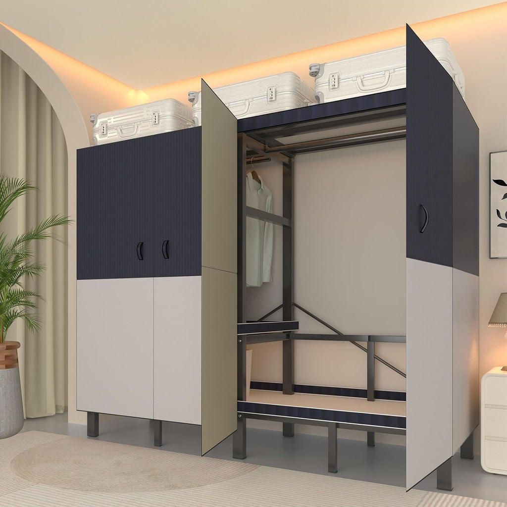 Heavy Duty Portable Closet Wardrobe, Freestanding Wardrobe with Magnetic Door, Multifunctional Closet Storage System, Foldable Portable Closet with Cover. (Blue, 70.8in/180cm)