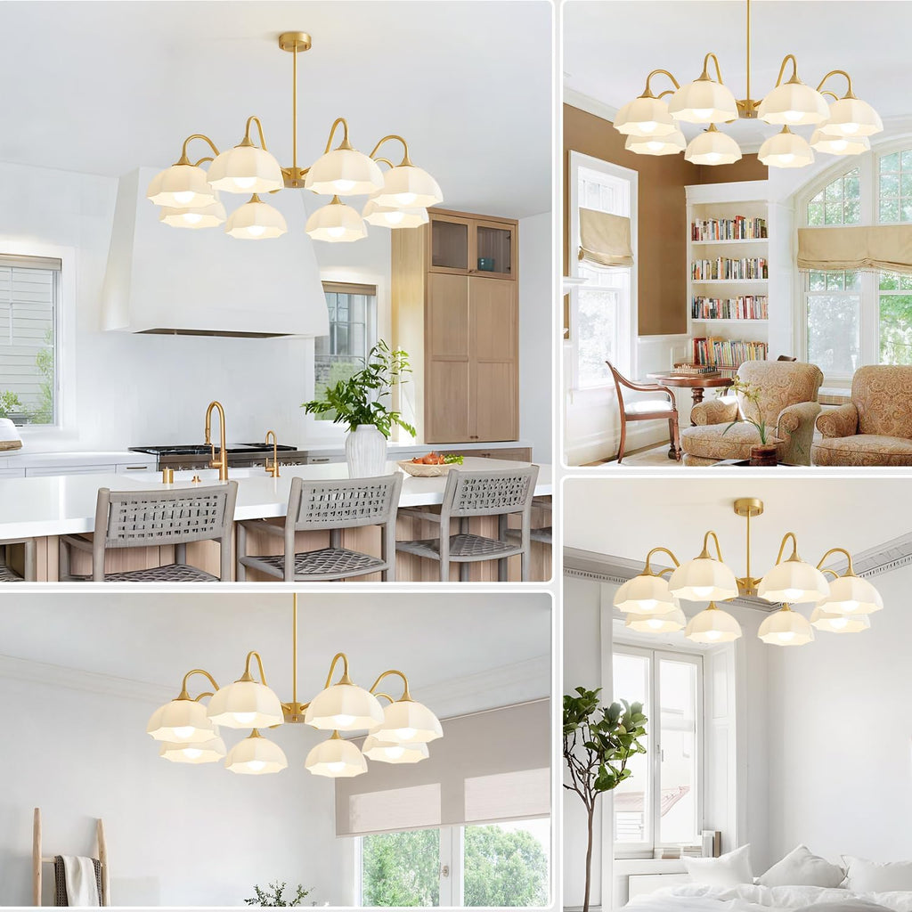 8 Lights Gold Sputnik Chandelier Light Fixture Large Mid Century Large Milk Glass Sputnik Pendant Lights Kitchen Island Modern Farmhouse Semi Flush Mount Chandelier Hanging Lamp MPL13-8 GD
