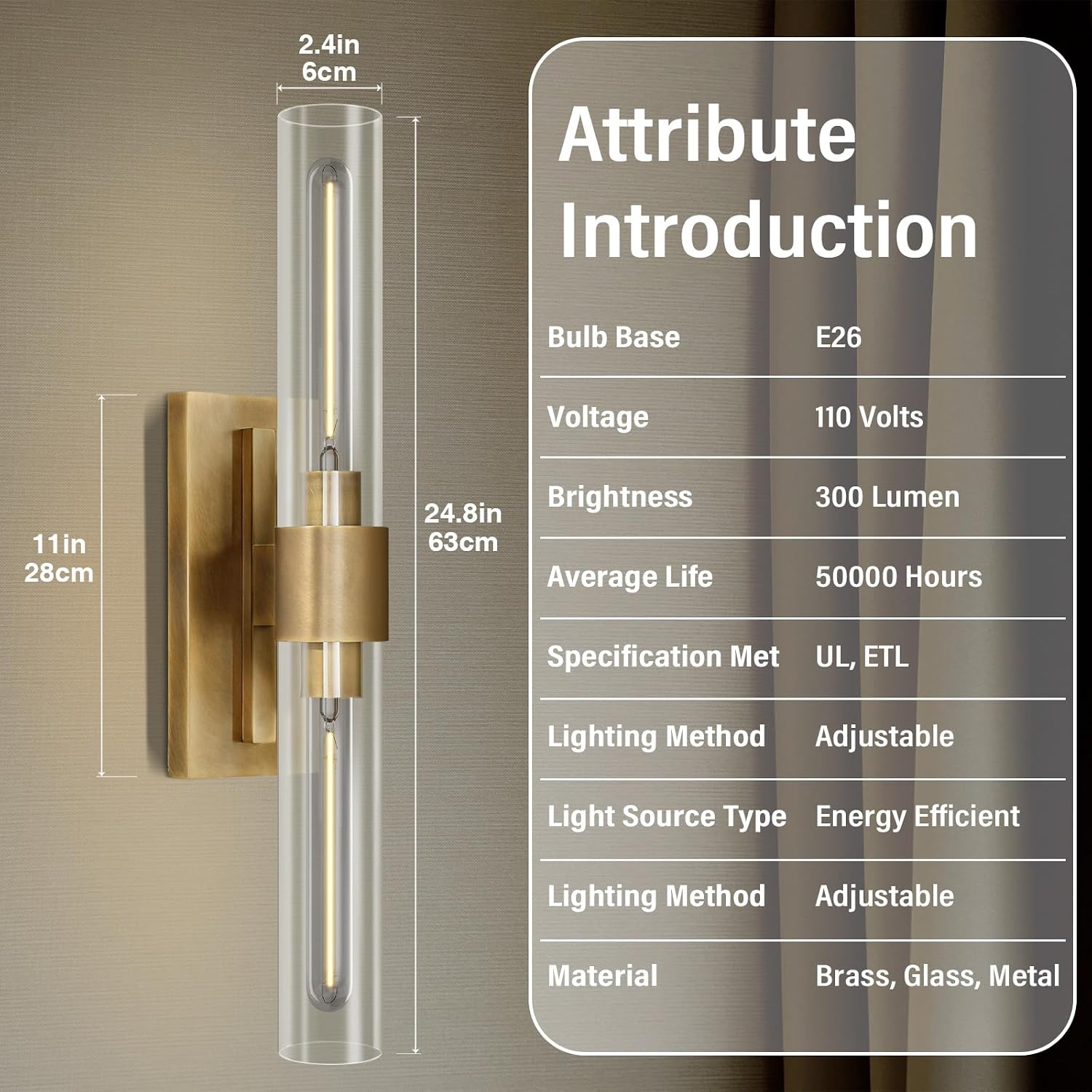 Wall Sconces Set of 2, Gold Wall Lighting Fixtures with Clear Glass, Mounted Lamps for Bedroom, Bathroom, Living Room, Hallway