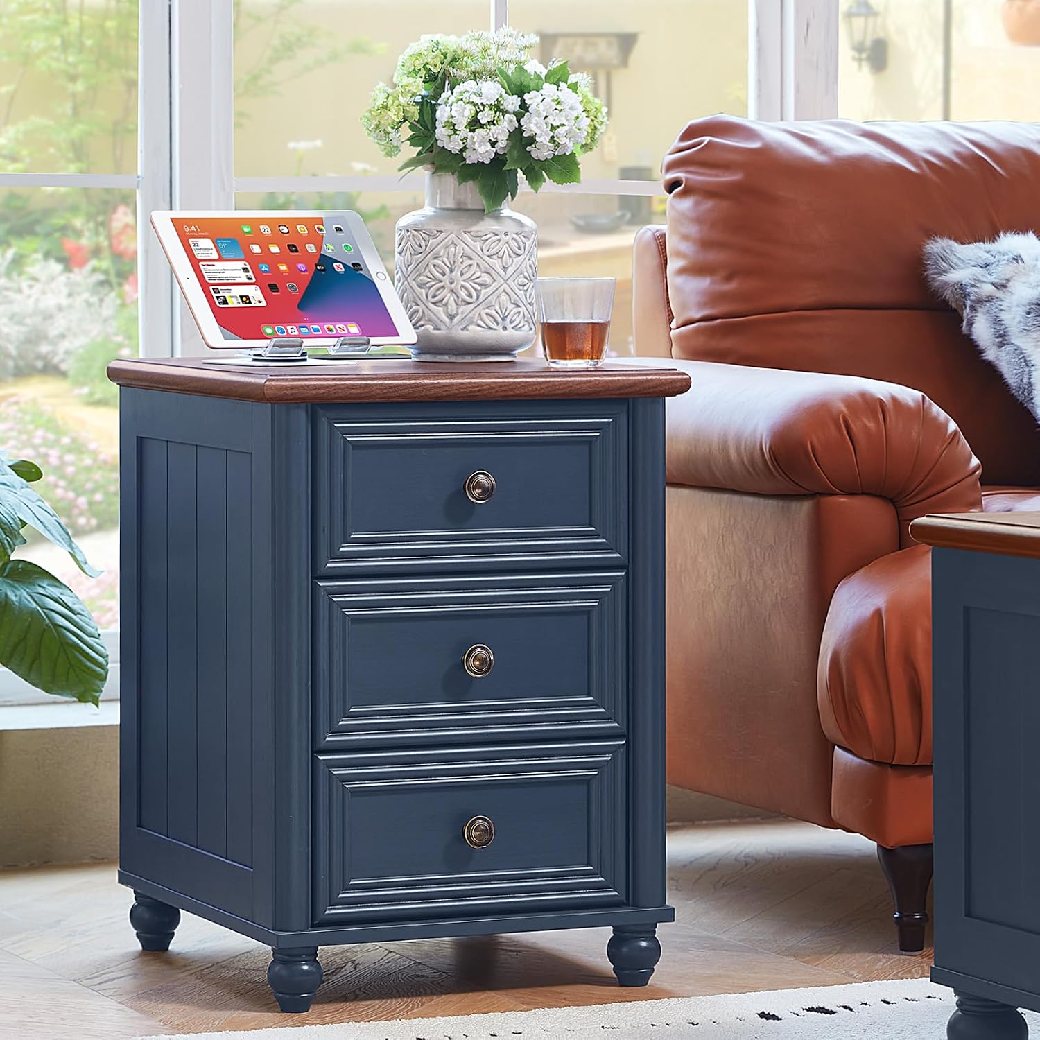 RWYHG 18' Farmhouse Nightstand with Charging Station and USB Port, Blue Night Stand with 3 Drawers, Wood Bedside End Table with Storage, Bed Side Tables for Bedroom Living Room and Closet