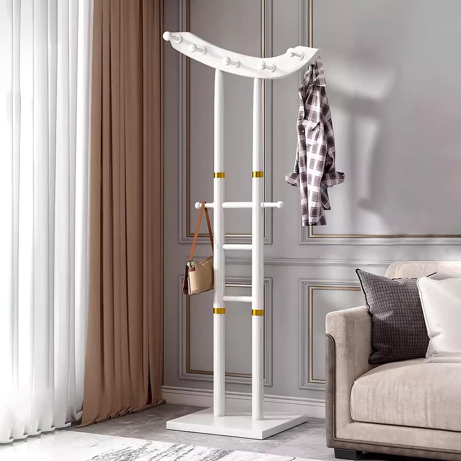 Bamboo Clothing Rack - Multifunctional Garment & Coat Organizer with 12 Hooks, Stylish Bedroom Clothes Hanger, Space-Saving Hat Tree for Home & Closet Storage