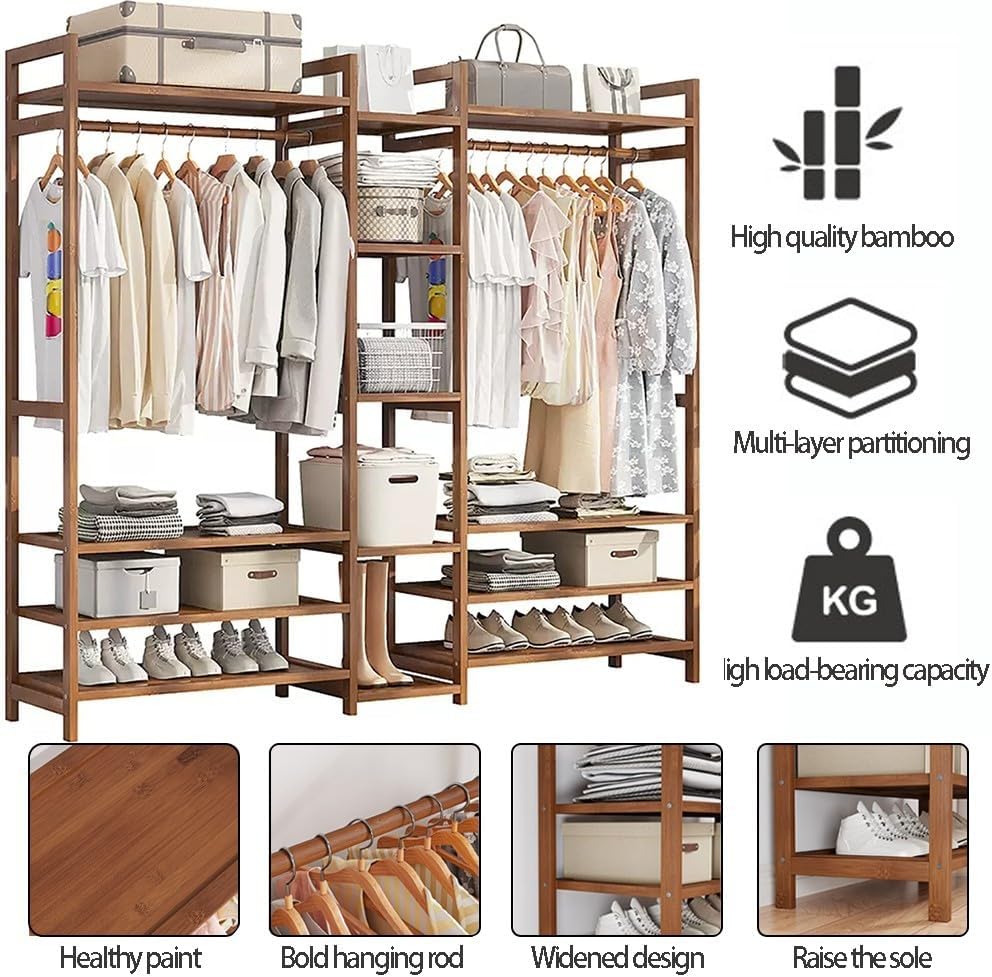 Floor-Standing Solid Wood Rotating Coat Rack，Natural Bamboo Garment Rack with Hanging Rod, 2 Shelves & Hooks - Freestanding Clothes Rail Stand for Bedroom & Hallway Storage - Stylish Wood Or