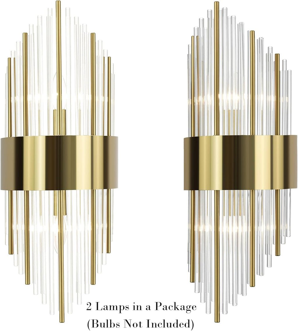 Modern Gold Wall Sconces Set of Two Crystal Sconces Wall Lighting 2-Light Brass Glass Wall Light Fixtures for Bedroom Living Room Bathroom Vanity Mirror Light Fixtures