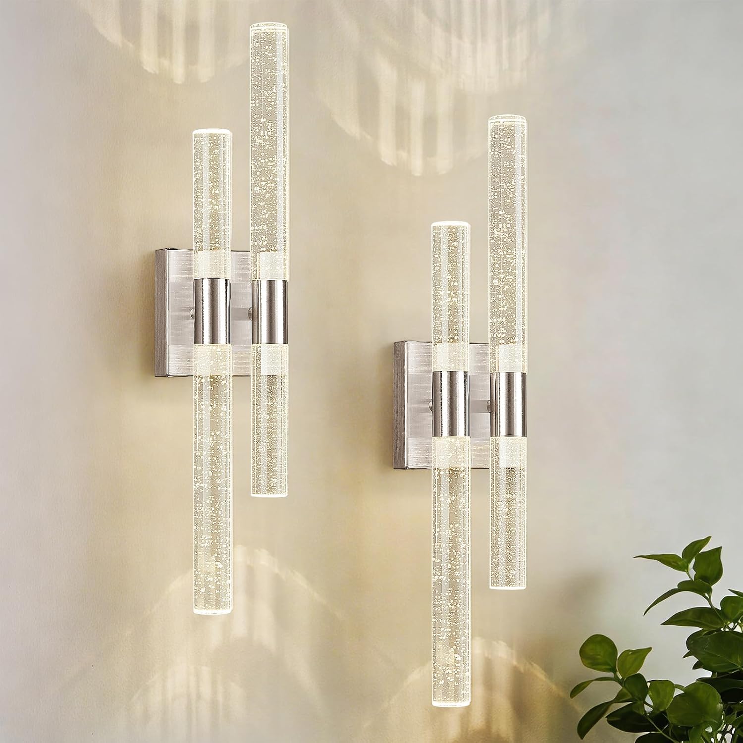 Crystal Wall Sconces Set of Two LED Wall Sconce Hardwired Brushed Nickel Bathroom Vanity Light Fixtures 21.25in 4000K Vertical and Horizontal Wall Mounted Sconces for Bedroom Living Room