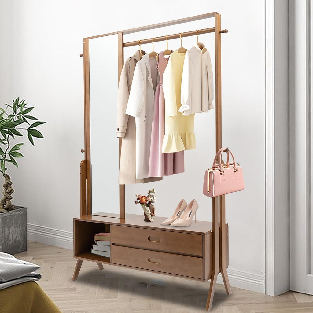 Xuthusman Bamboo Garment Rack With Full Length Mirror and Drawers, Hanging Clothes Portable Wardrobe Rack Freestanding Closet Organizer With Hanging Rod 4 Hooks for Bedroom Living Room