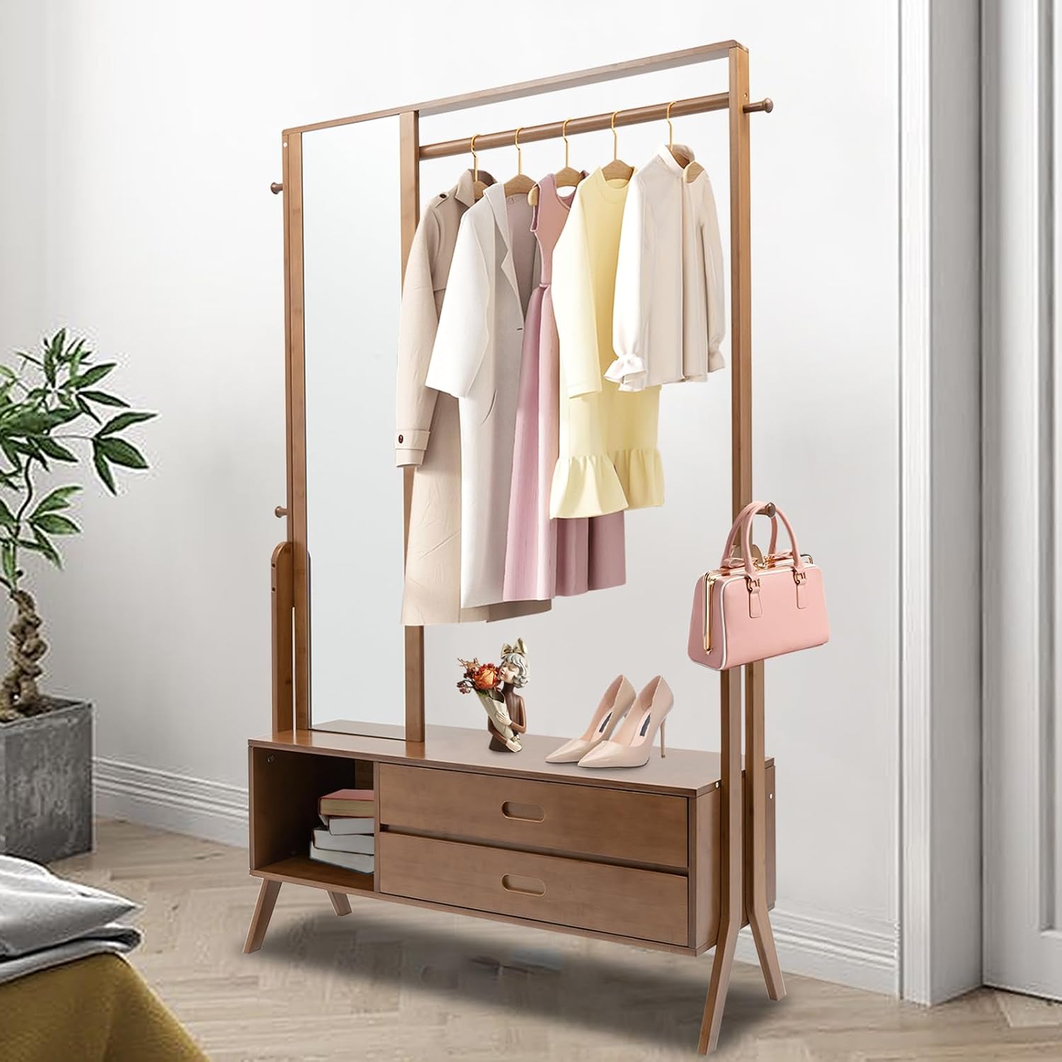 Xuthusman Bamboo Garment Rack With Full Length Mirror and Drawers, Hanging Clothes Portable Wardrobe Rack Freestanding Closet Organizer With Hanging Rod 4 Hooks for Bedroom Living Room