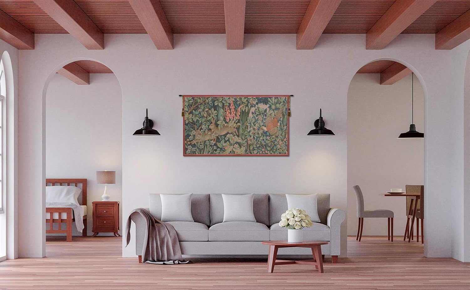 Charlotte Home Furnishings Inc French Boho Tapestry Wall Hanging 20 x 34 in, Hare and Pheasant Aesthetic Woven Wall Art decor for Living Room Home Decor, European Cotton Jacquard Woven